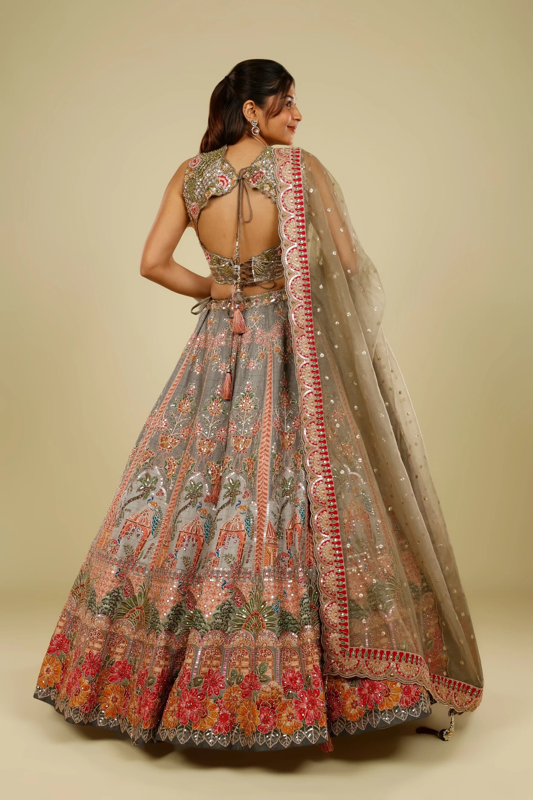 Grey Silk Lehenga Set with Zari, Stone & Sequin Embroidery | Mokshaa