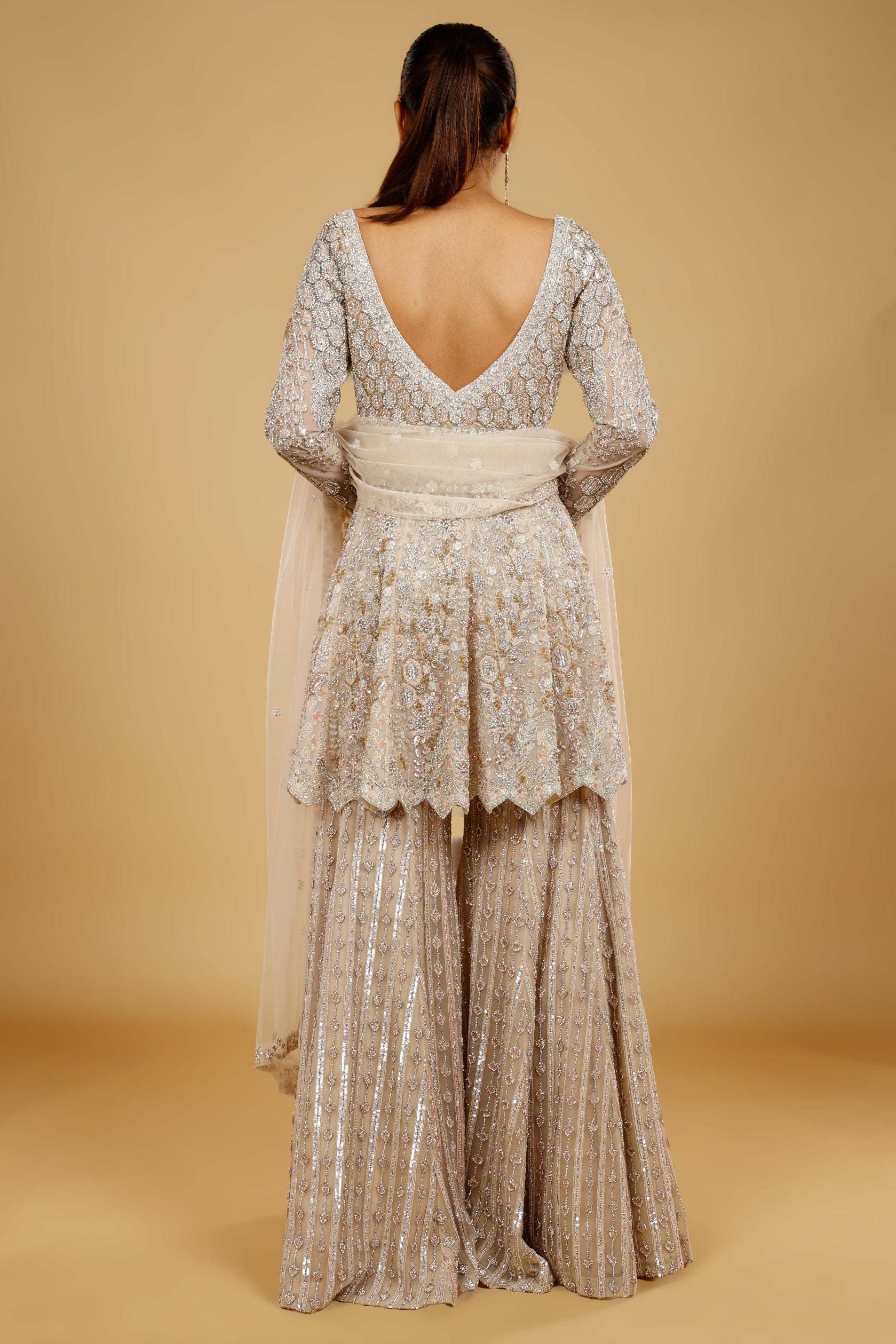 Ivory Net Sharara Set with Stone, Kundan & Sequin Embroidery