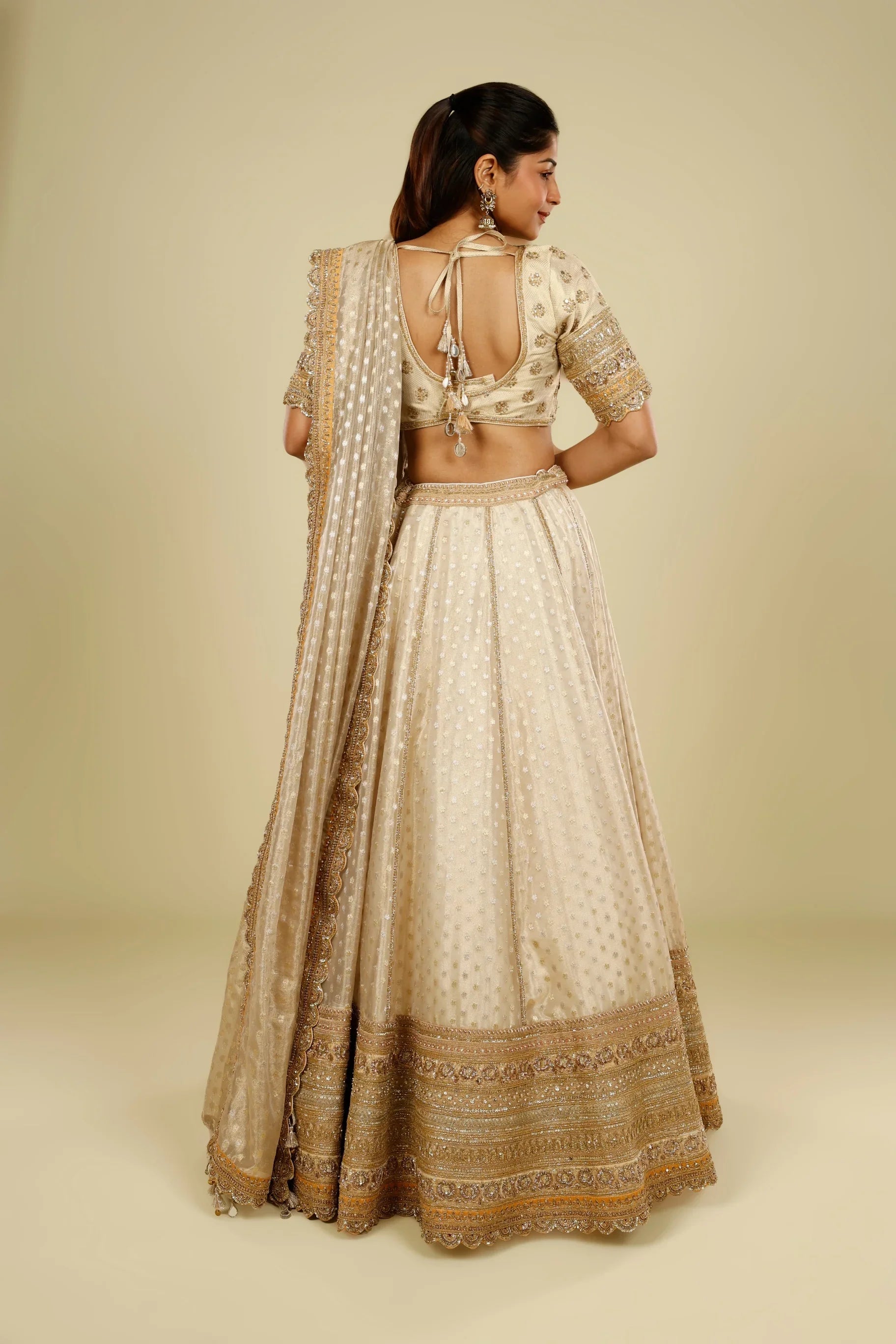 Ivory Banarasi Tissue Organza Lehenga Set with Zardozi, Zari & Sequin Embroidery