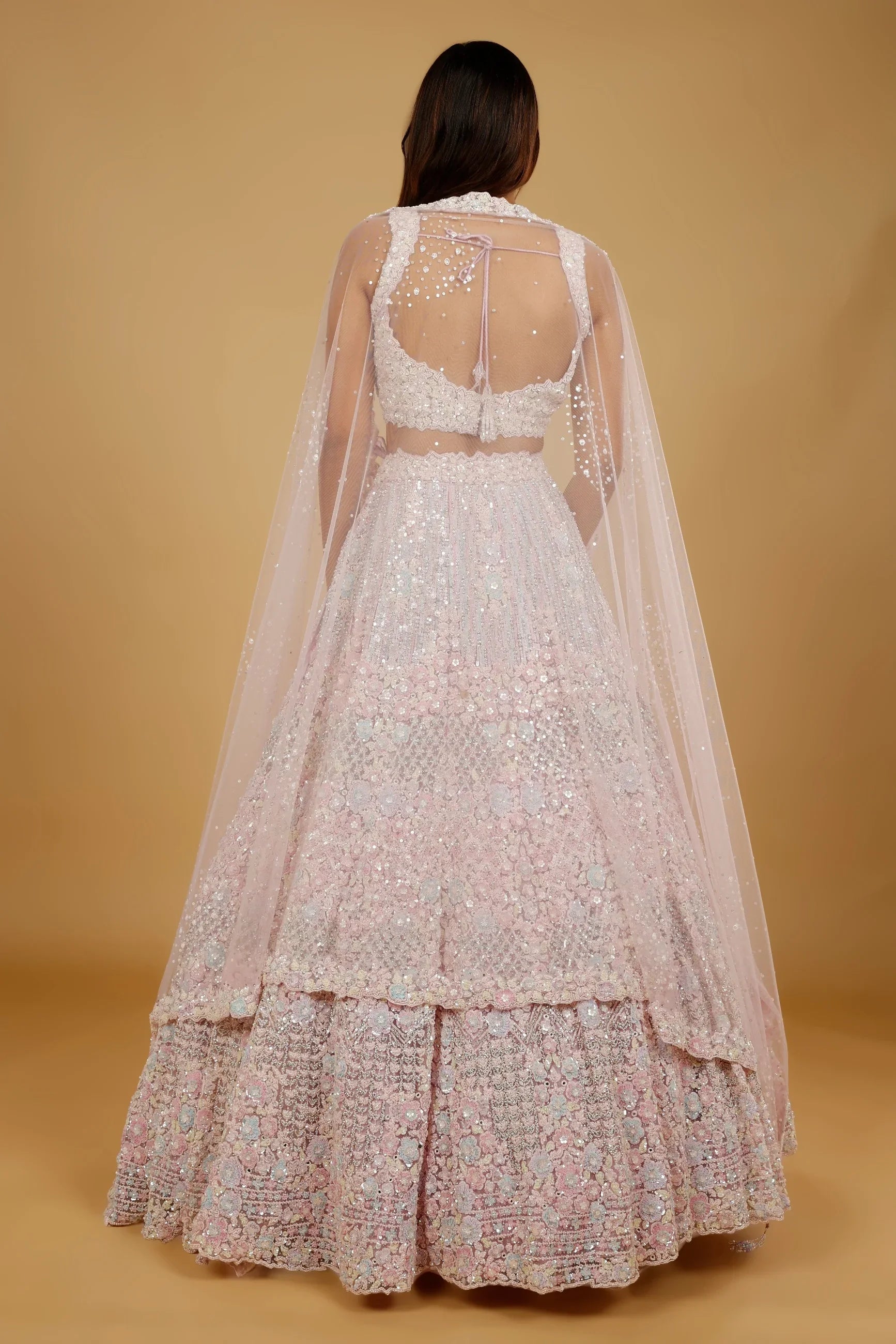 Pink Net Lehenga Set with Multi-Colour Sequin, Pearl & Stone Embroidery