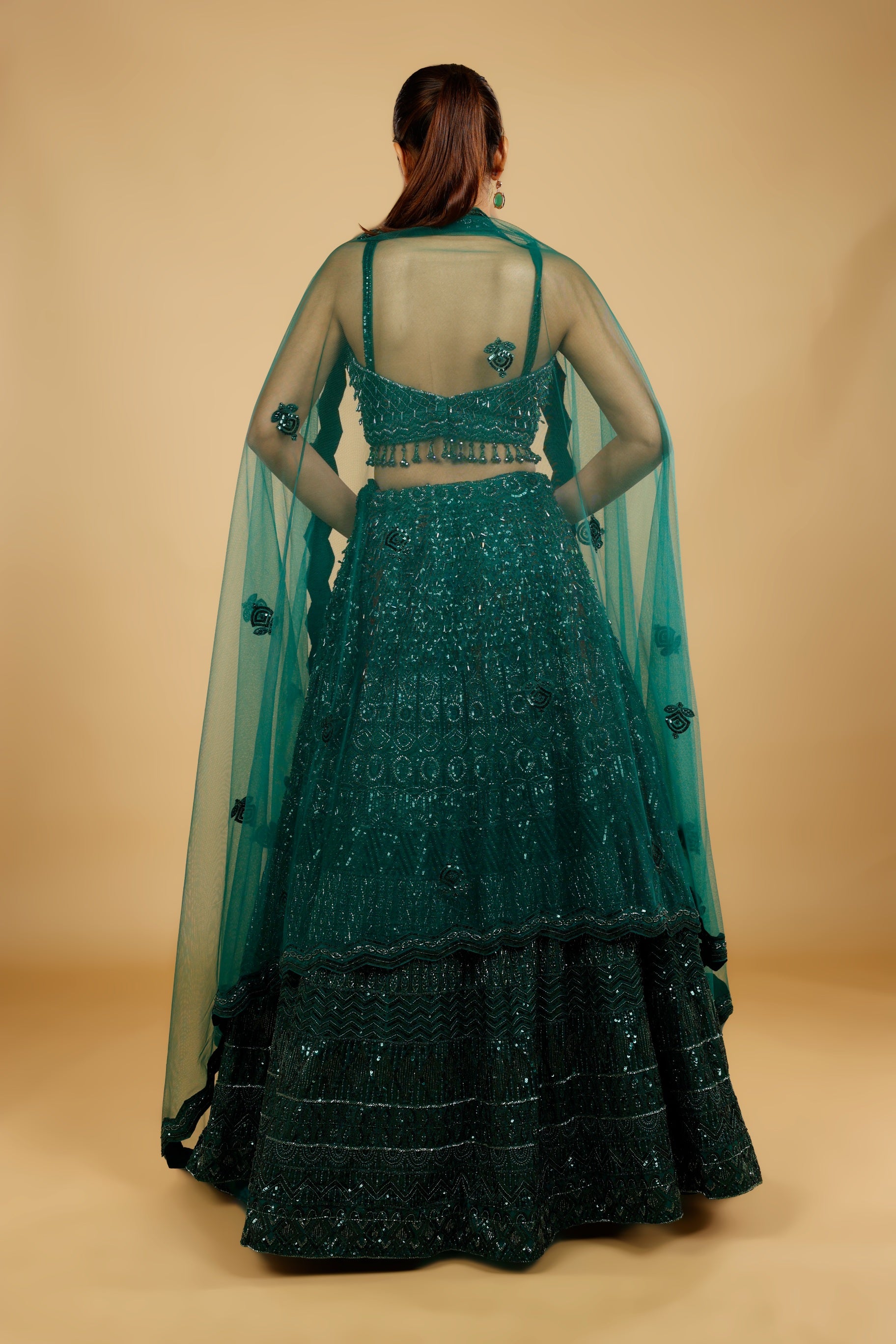 Bottle Green Net Lehenga Set with Sequin, Cutdana & Pearl Embroidery