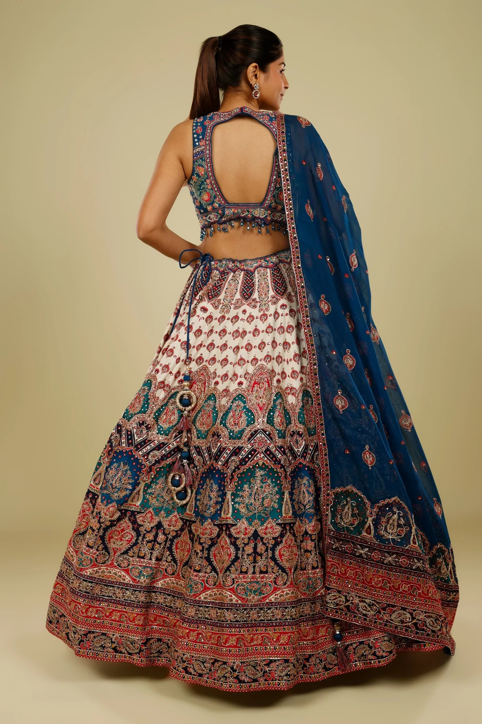Blue Multicolour Printed Silk Lehenga Set with Zari, Sequin & Cutdana Highlights | Mokshaa