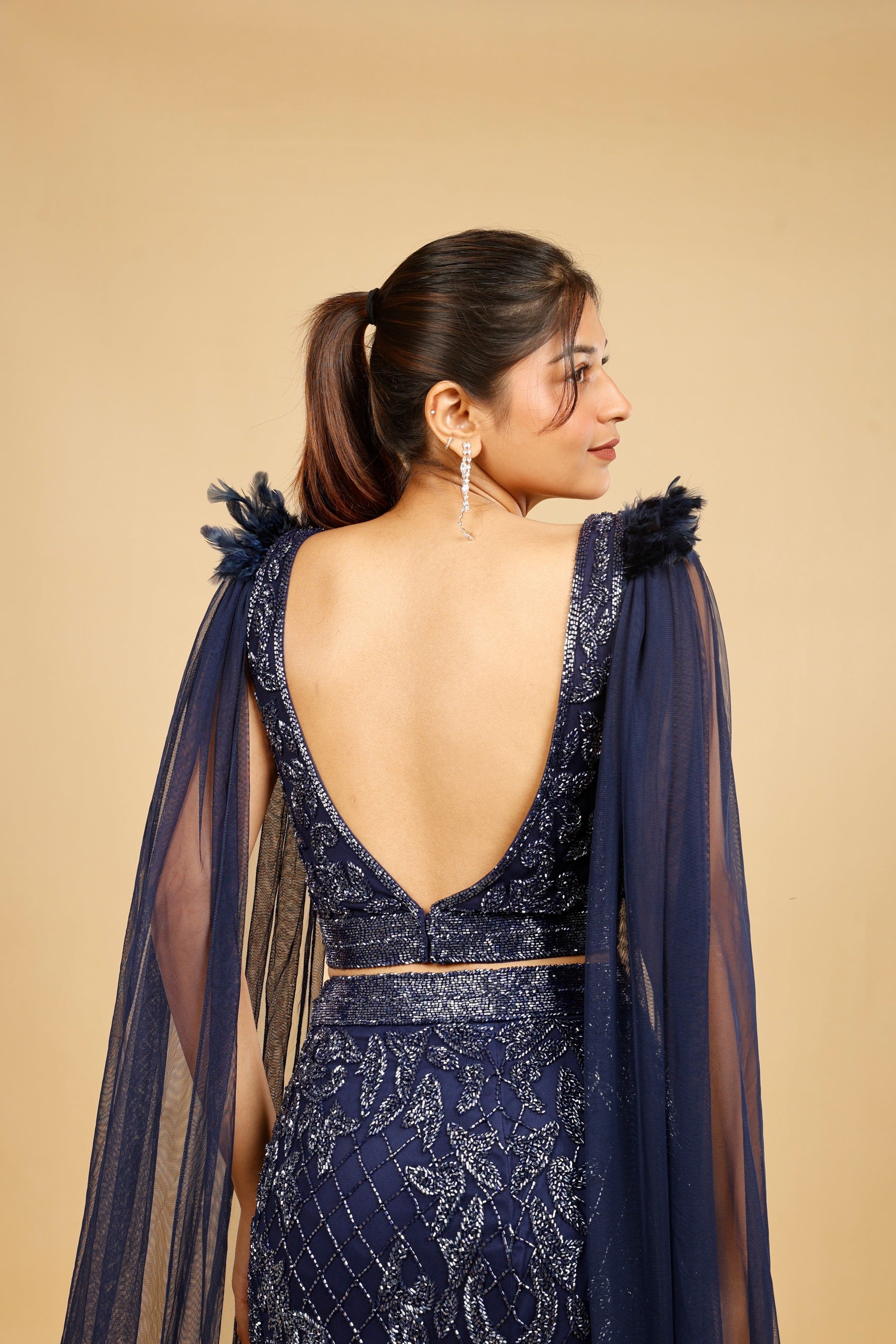 Navy Blue Net Mermaid Skirt Set with Cutdana Embroidery