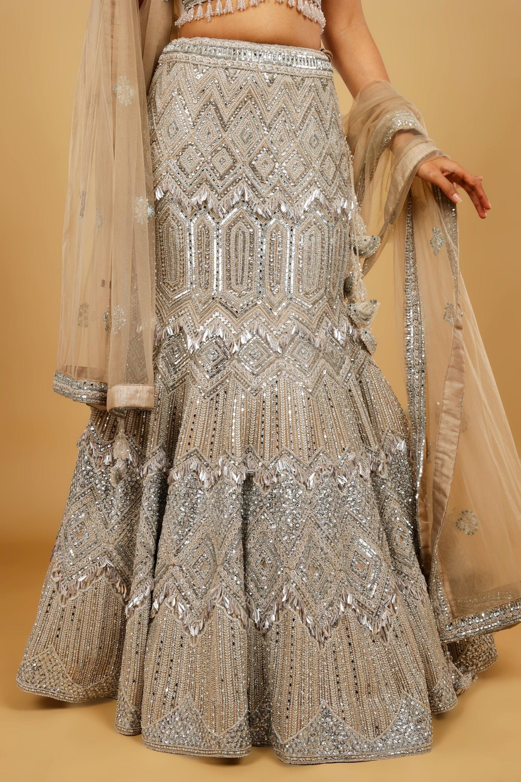 Champagne Net Mermaid Lehenga Set with Mirror, Pearl & Sequin Embroidery