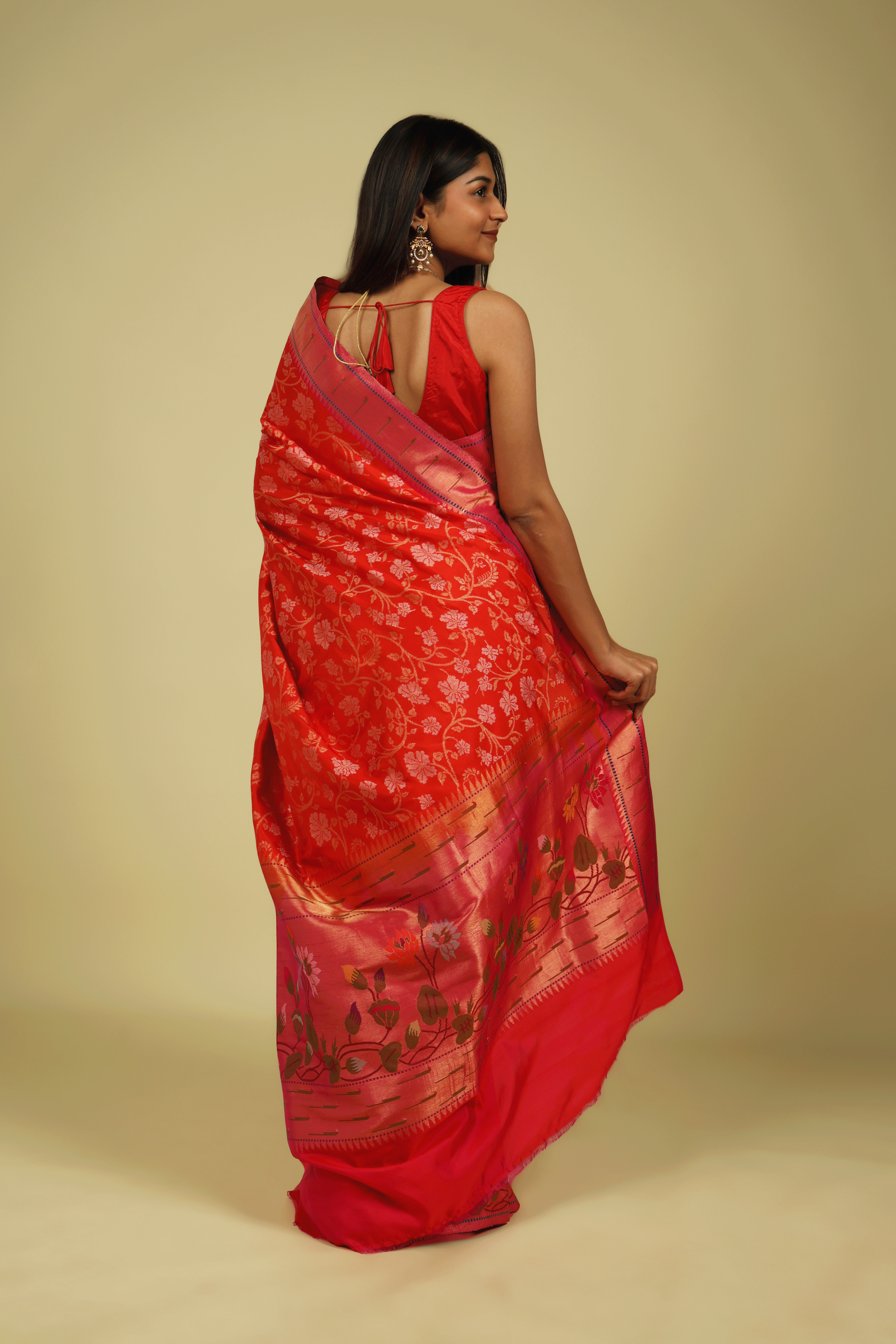 Orange Banarasi Silk Saree with Gold & Silver Zari Jaal and Jamdani Border