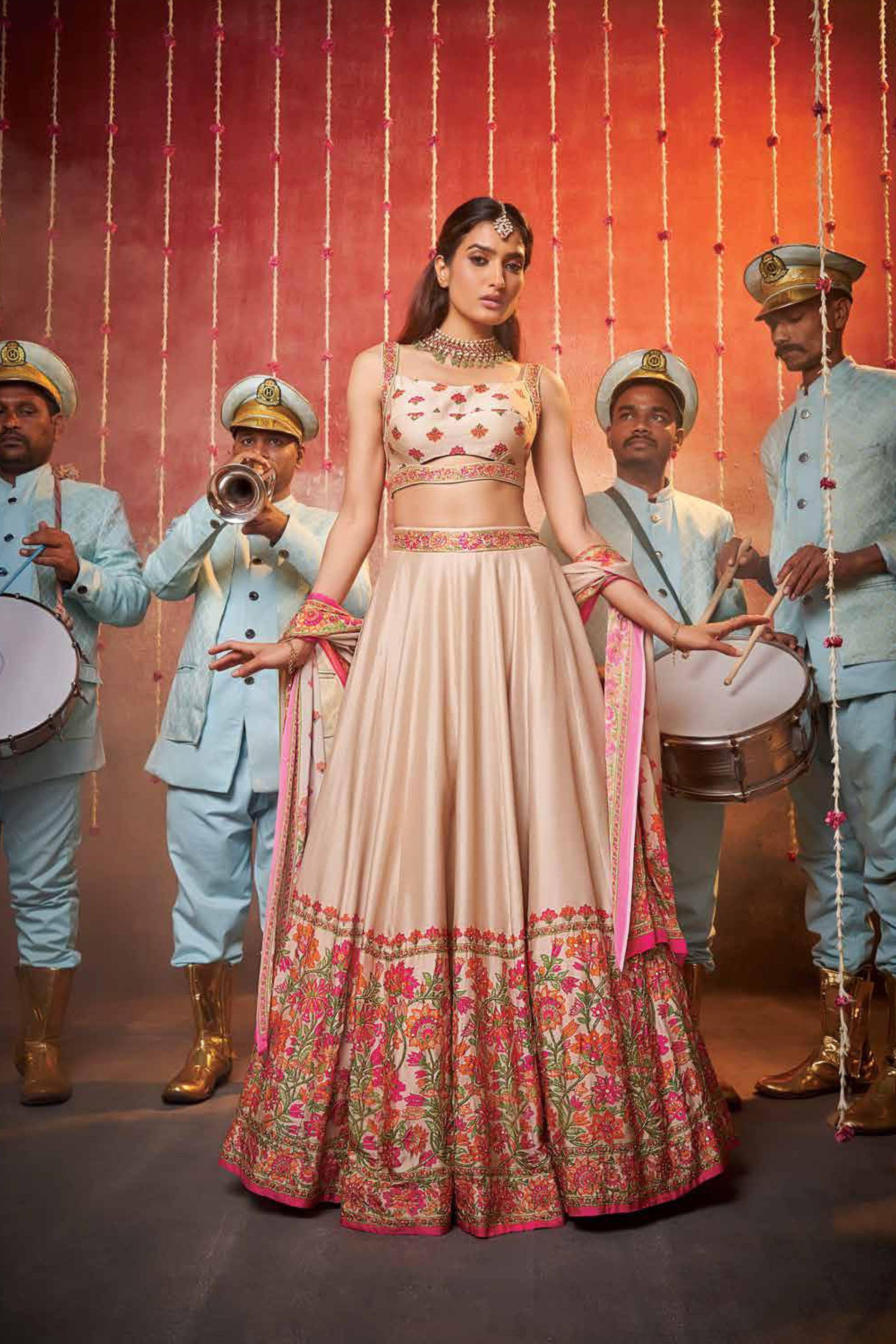 Ivory Beige Floral printed Lehenga Set Mokshaa