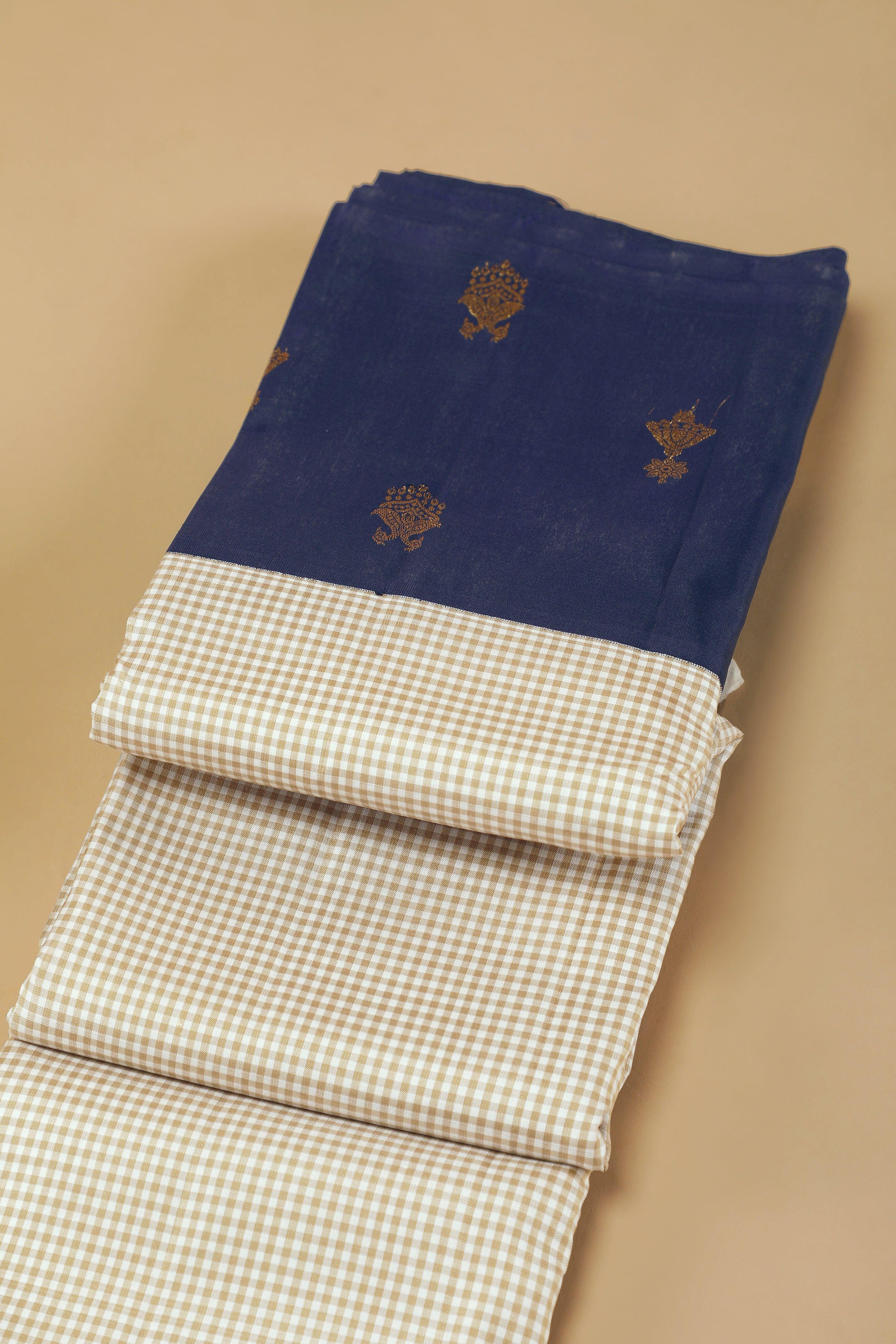 Beige Kanchipuram Silk Saree with Gingham Checks and Blue Zari Border  Mokshaa