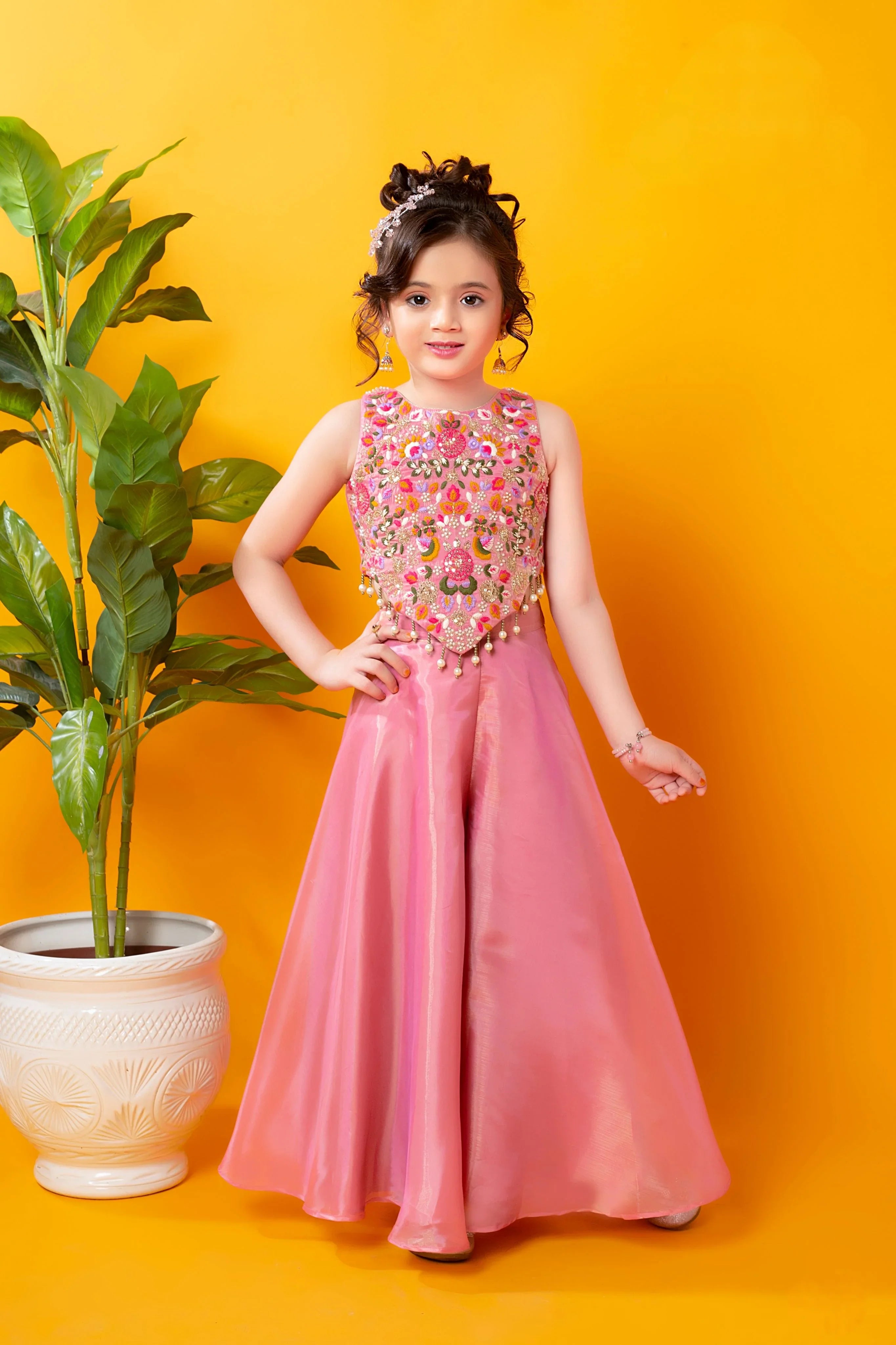 Pink Kids Palazzo Set with Floral Embroidered Top | Mokshaa