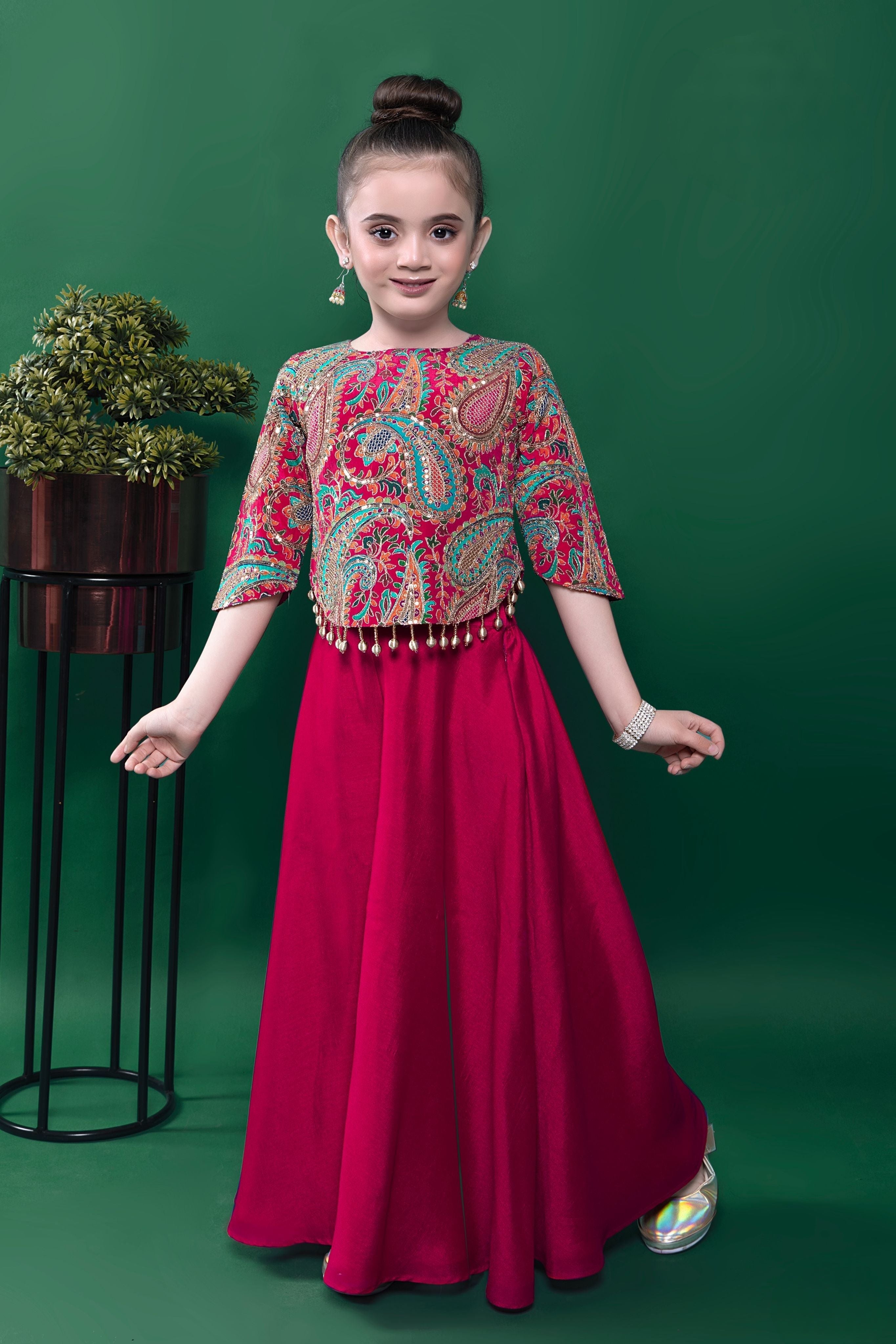 Rani Pink Embroidered Top with Flowy Palazzo Set Mokshaa
