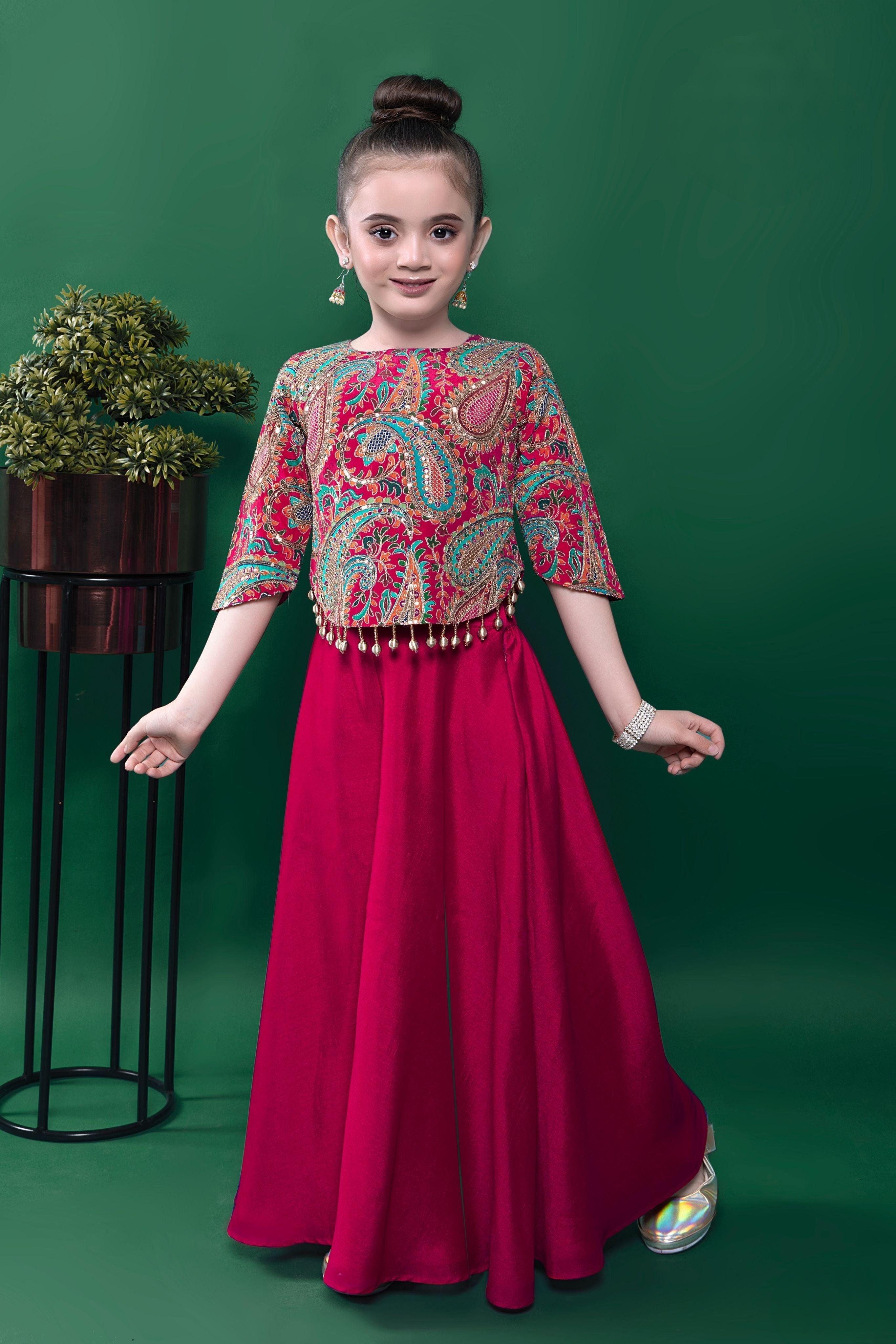 Rani Pink Embroidered Top with Flowy Palazzo Set  Mokshaa