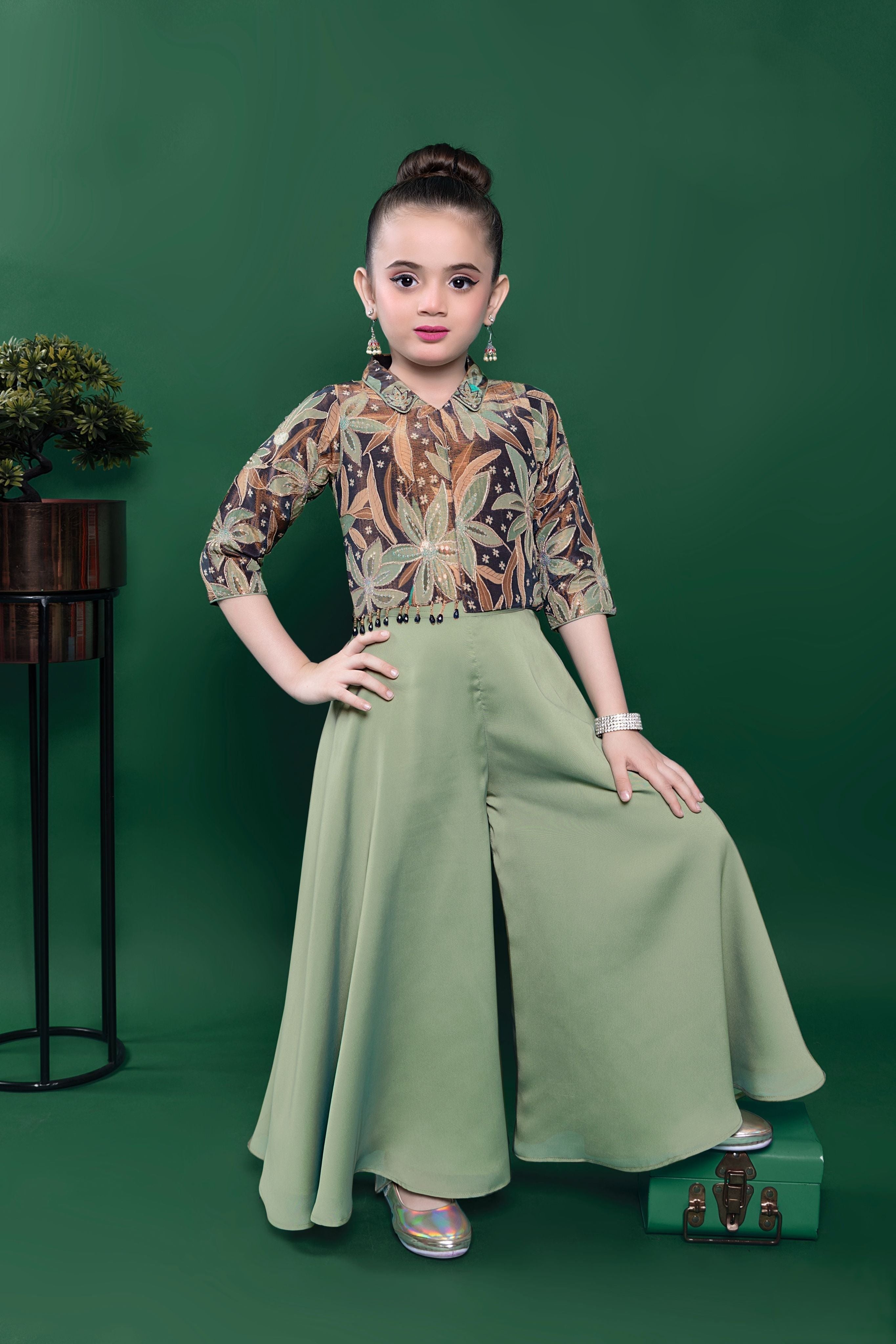 Pista Green Embroidered Top with Flowy Palazzo Pants Mokshaa
