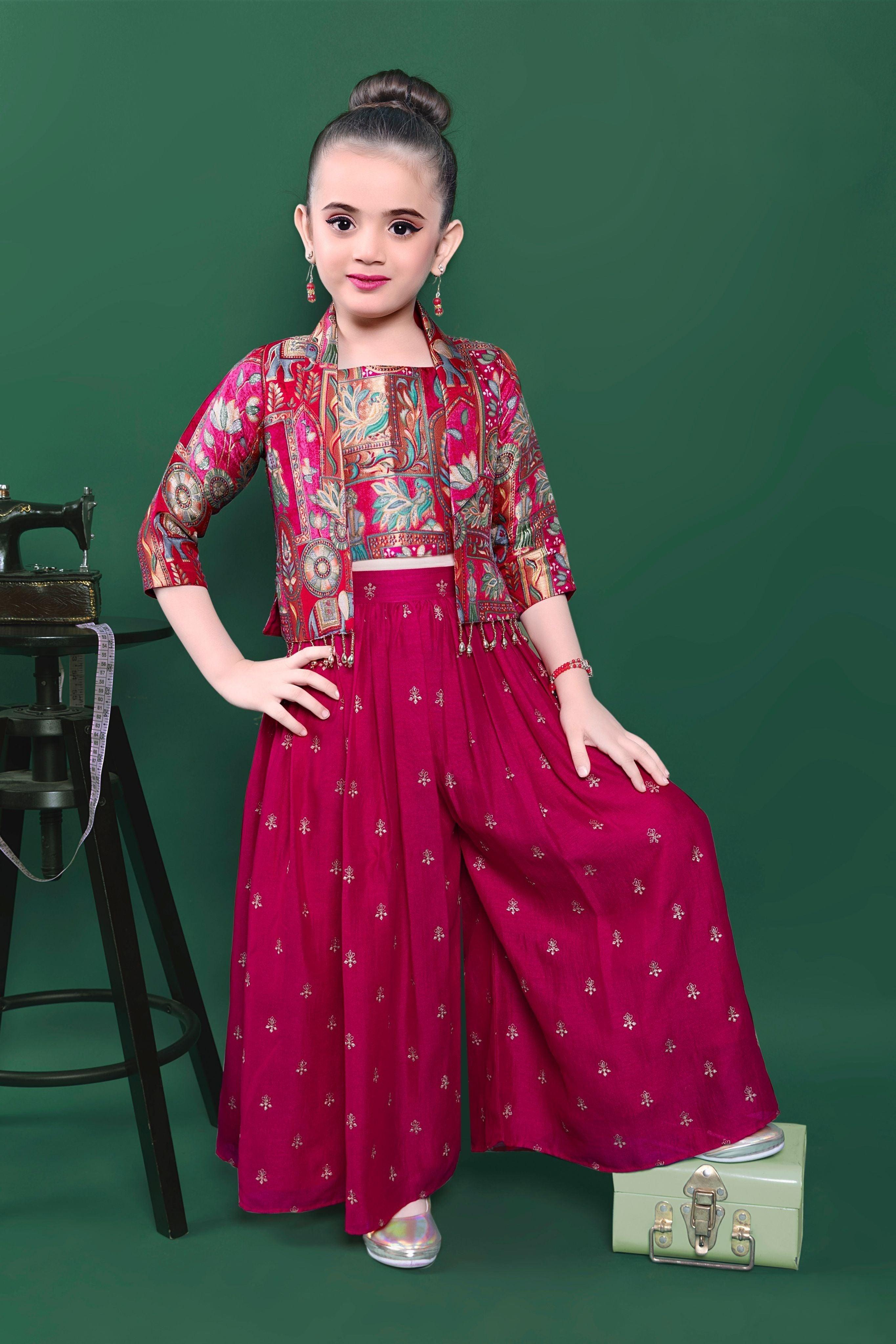 Magenta Printed Palazzo Set with Jacket  Mokshaa