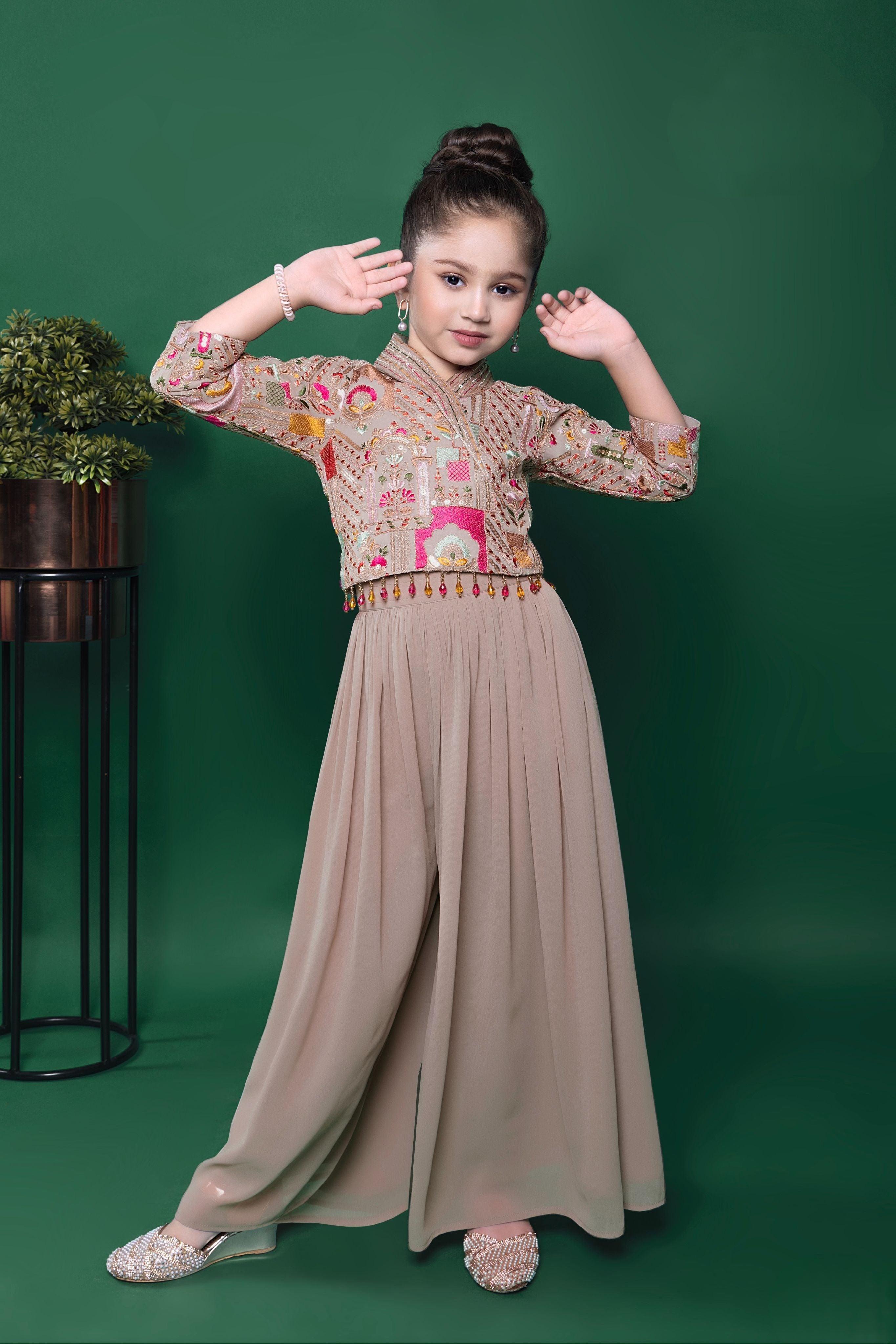 Beige Georgette Palazzo Set with Multicolor Embroidered Jacket  Mokshaa