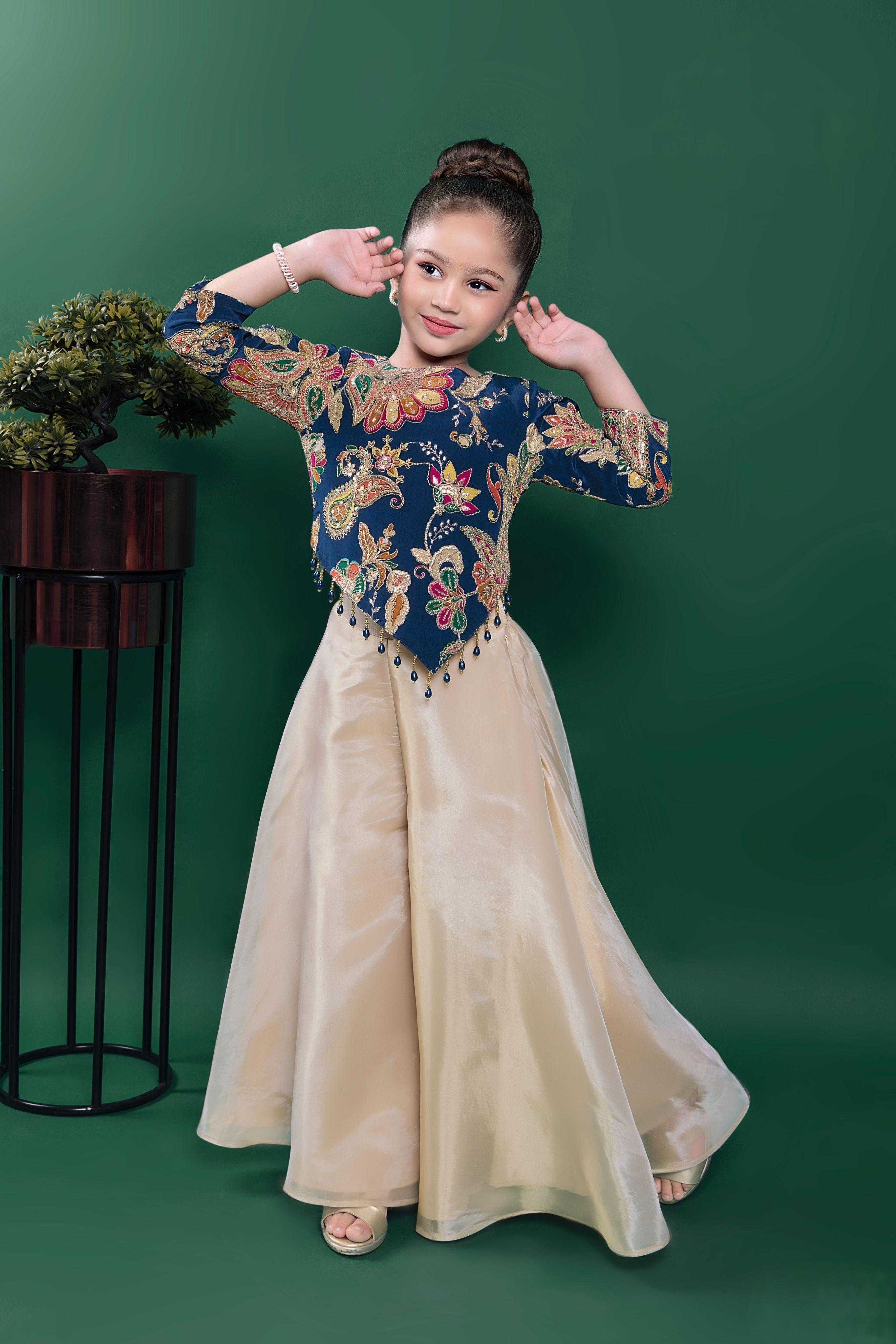 Navy Blue Embroidered Top with Cream Flowy Palazzo Set  Mokshaa