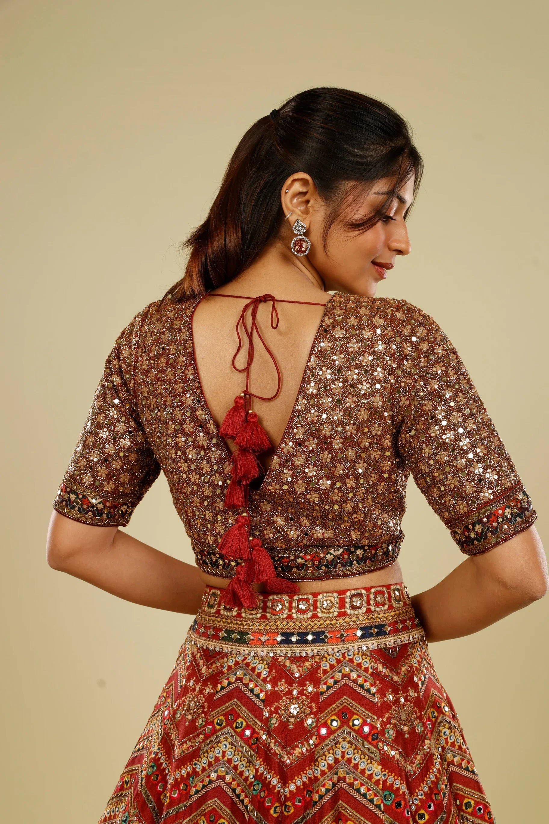 Rust Printed Silk Lehenga Set with Sequin & Kutdana Embroidery | Mokshaa