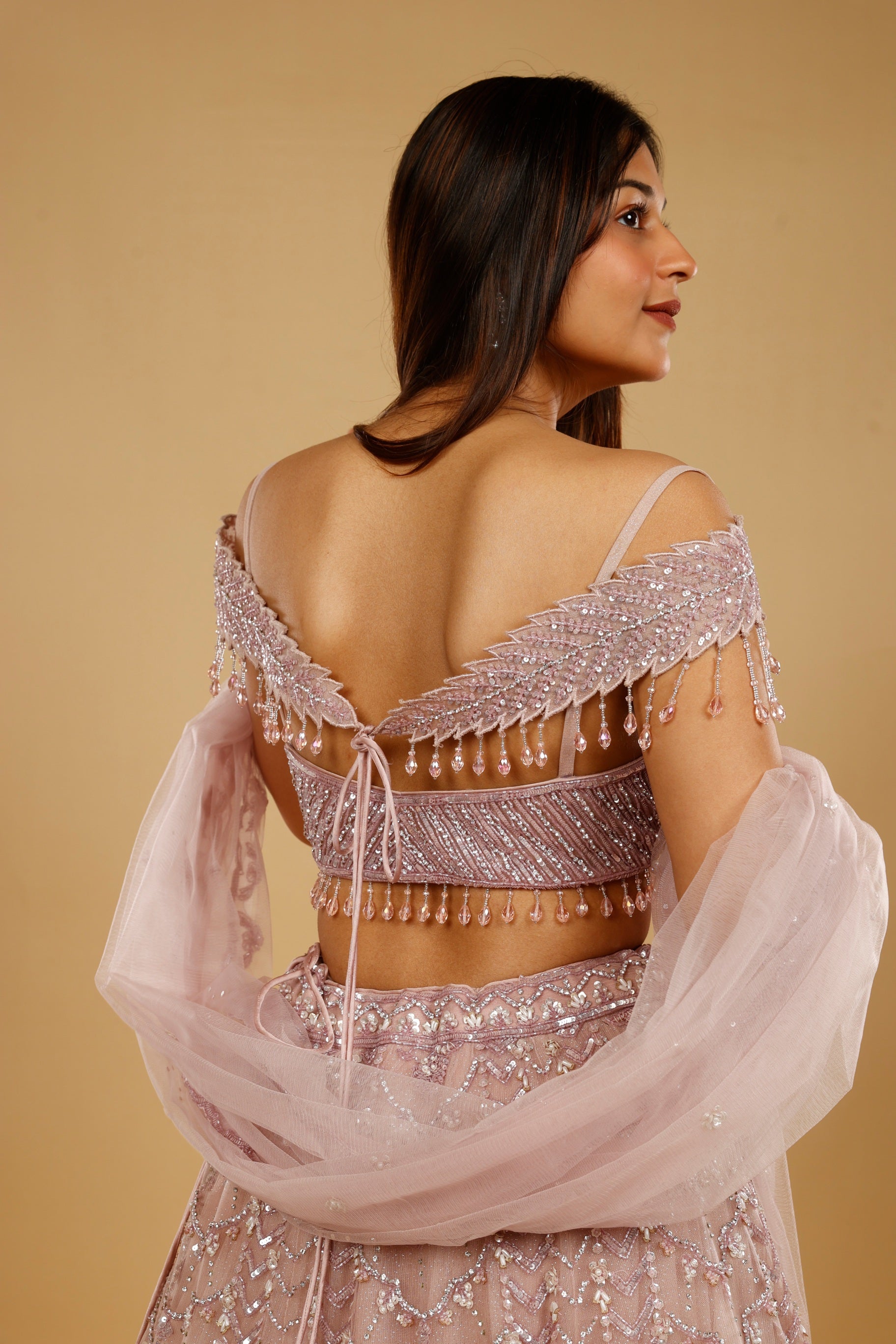Mauve Net Lehenga Set with Sequin, Pearl & Cutdana Embroidery