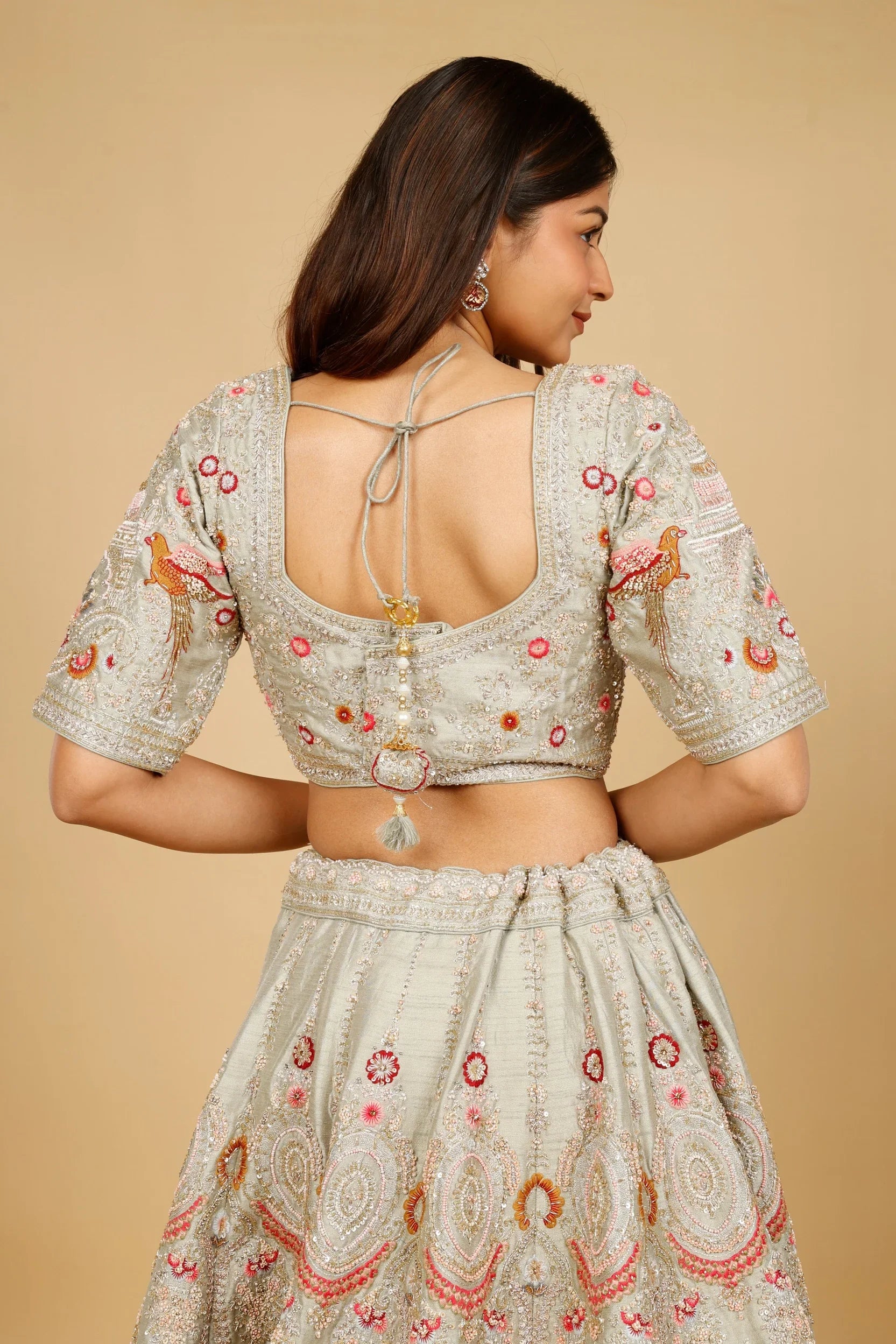 Sage Green Raw Silk Bridal Lehenga Set with Zardozi, Cutdana & Pearl Embroidery