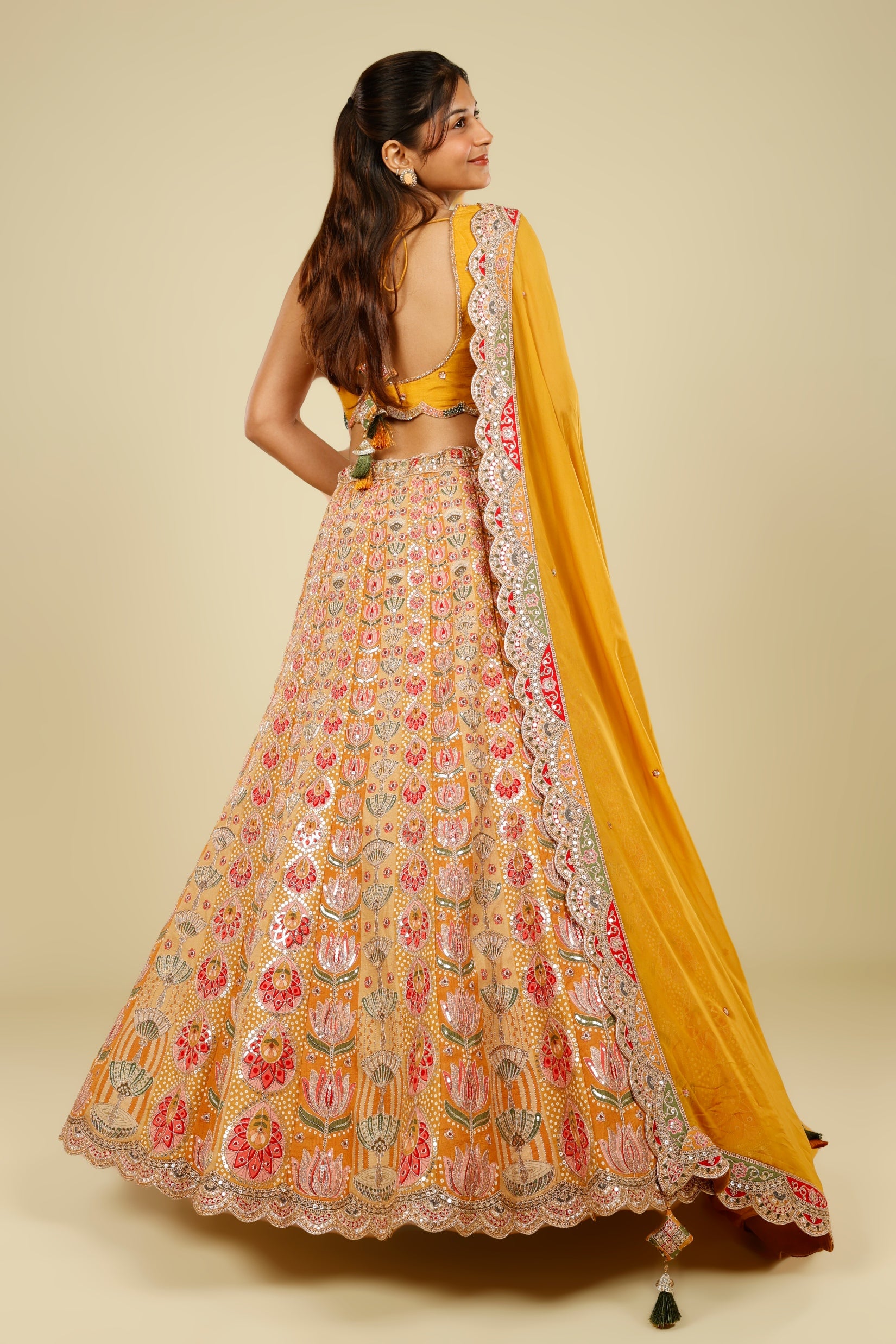 Yellow Printed Silk Lehenga Set with Zari & Sequin Embroidery