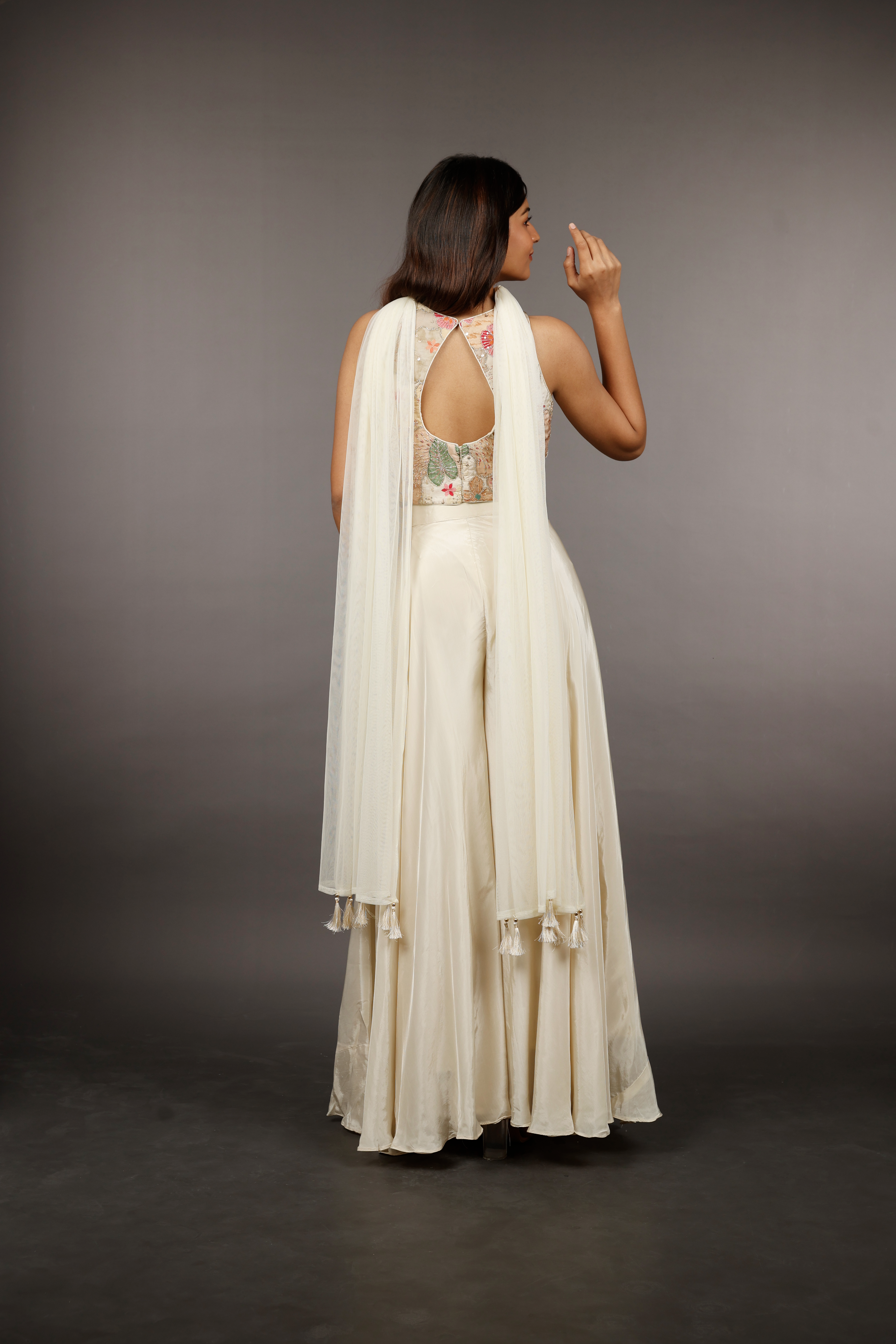 Ivory Satin Silk Corset Palazzo Set with Pearl, Cutdana & Zari Embroidery