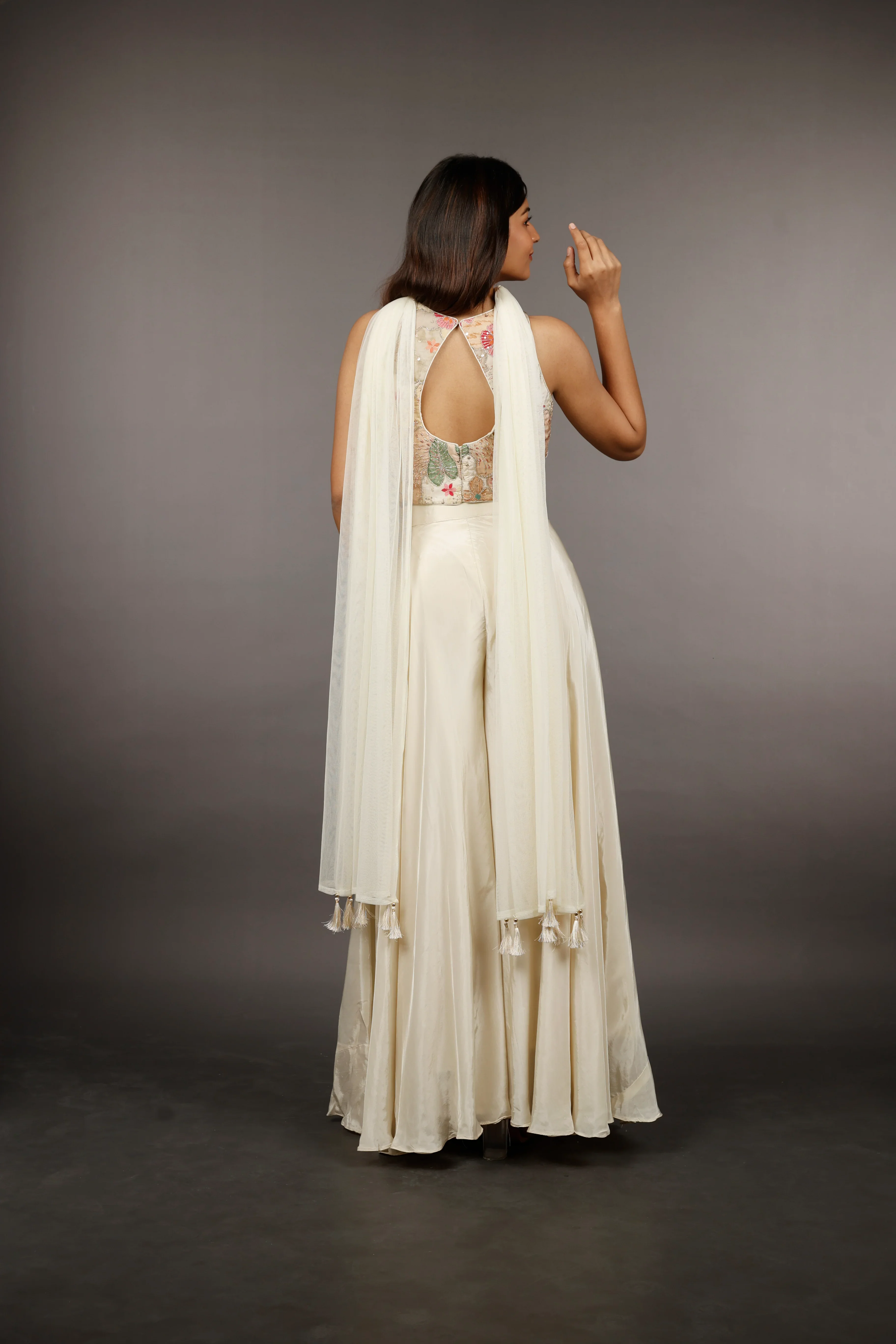 Ivory Satin Silk Corset Palazzo Set with Pearl, Cutdana & Zari Embroidery - Mokshaa