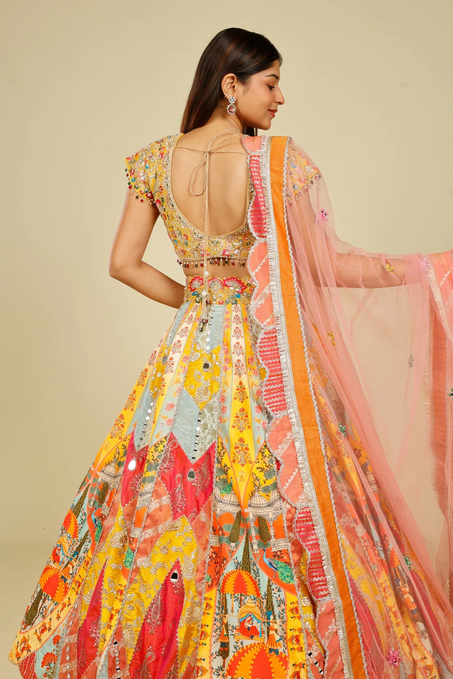 Multicolour Printed Silk Patchwork Lehenga Set with Mirror & Zari Embroidery | Mokshaa
