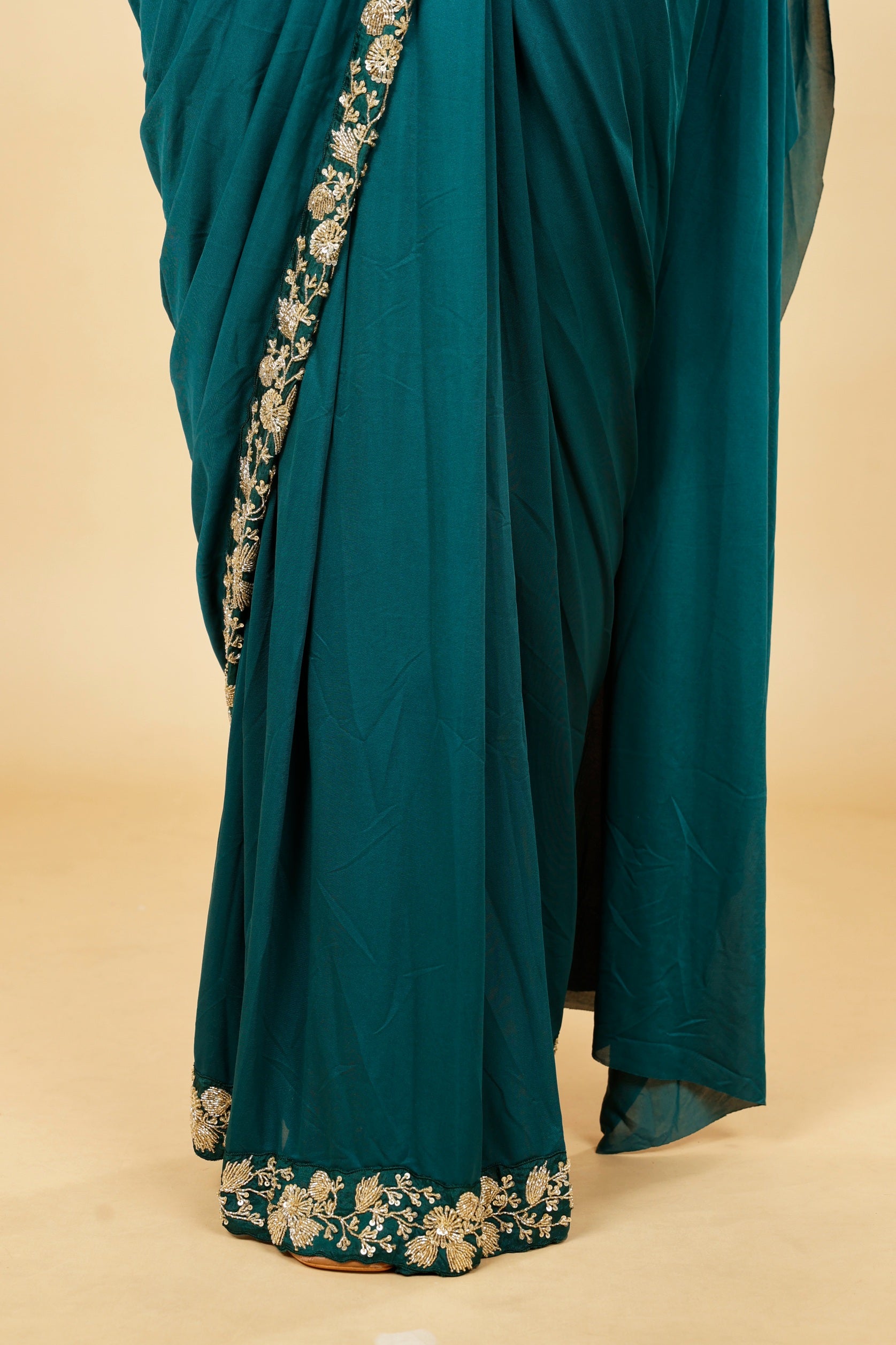 Emerald Green Lycra Silk Drape Saree with Kutdana Embroidery