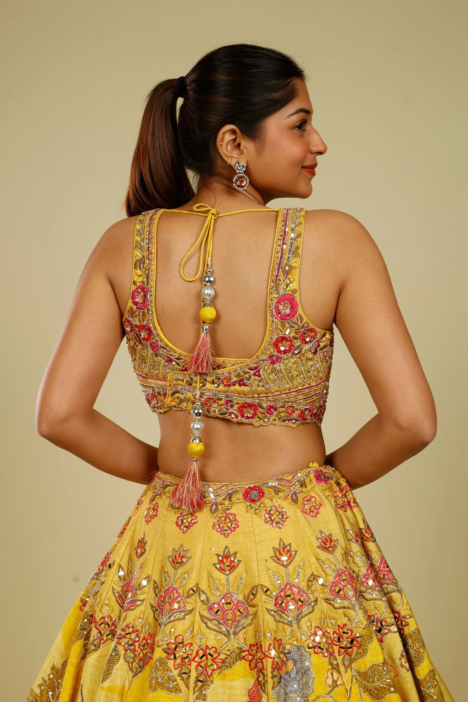 Yellow Silk Printed Lehenga Set with Thread, Mirror & Zari Embroidery | Mokshaa