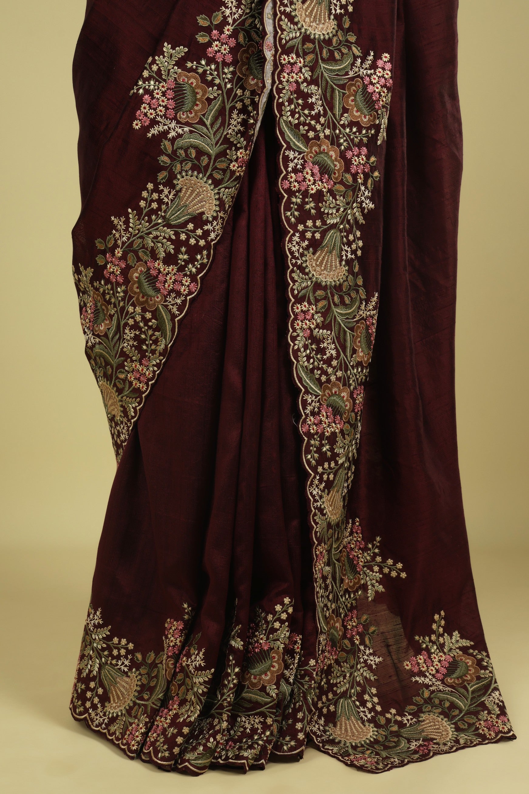 Dark Wine Handloom Tussar Saree with Multi-Thread Embroidered Border
