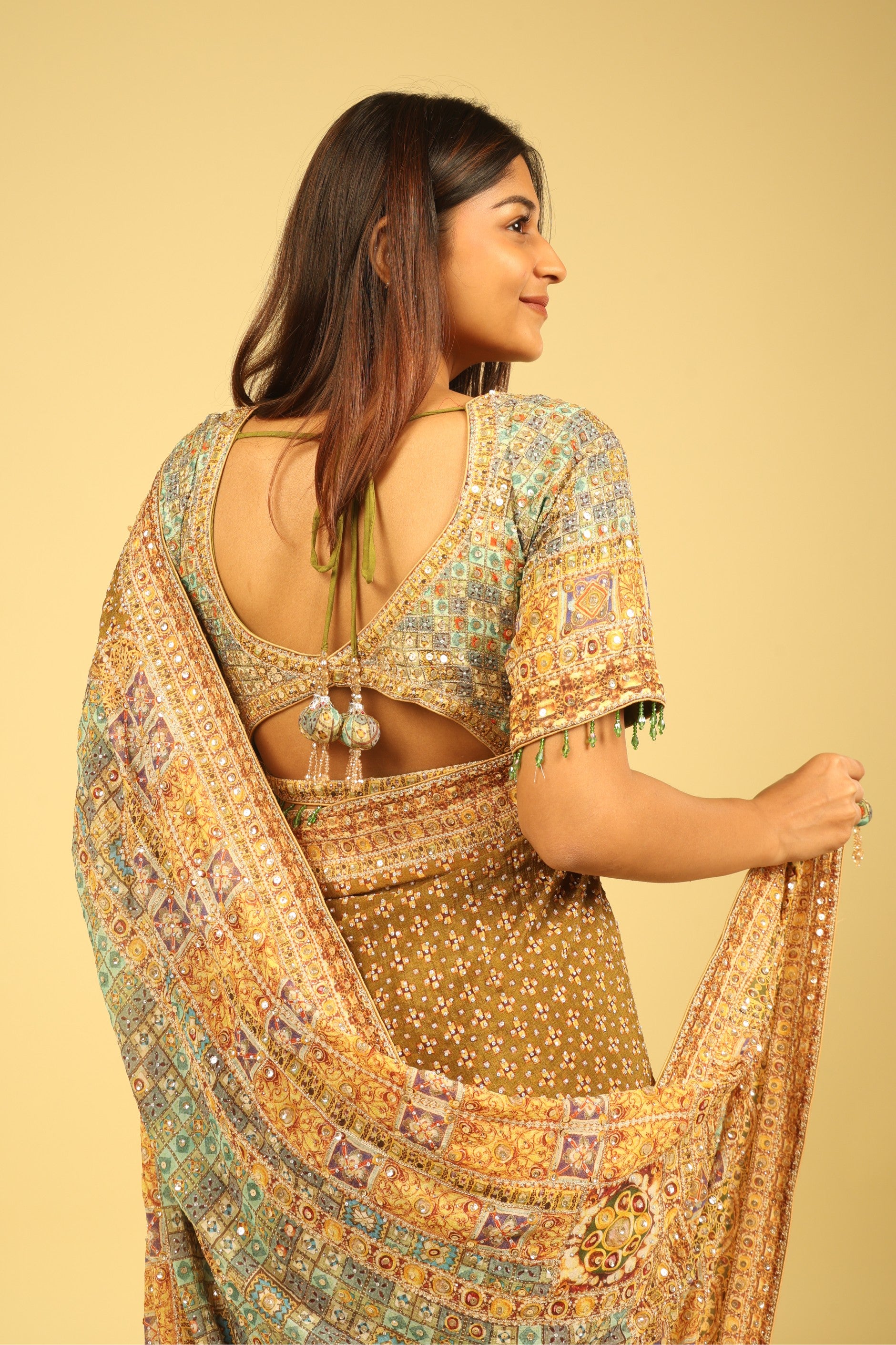 Dusty Green Soft Georgette Saree with Multicolour Digital Print, Sequin & Mirror Highlights