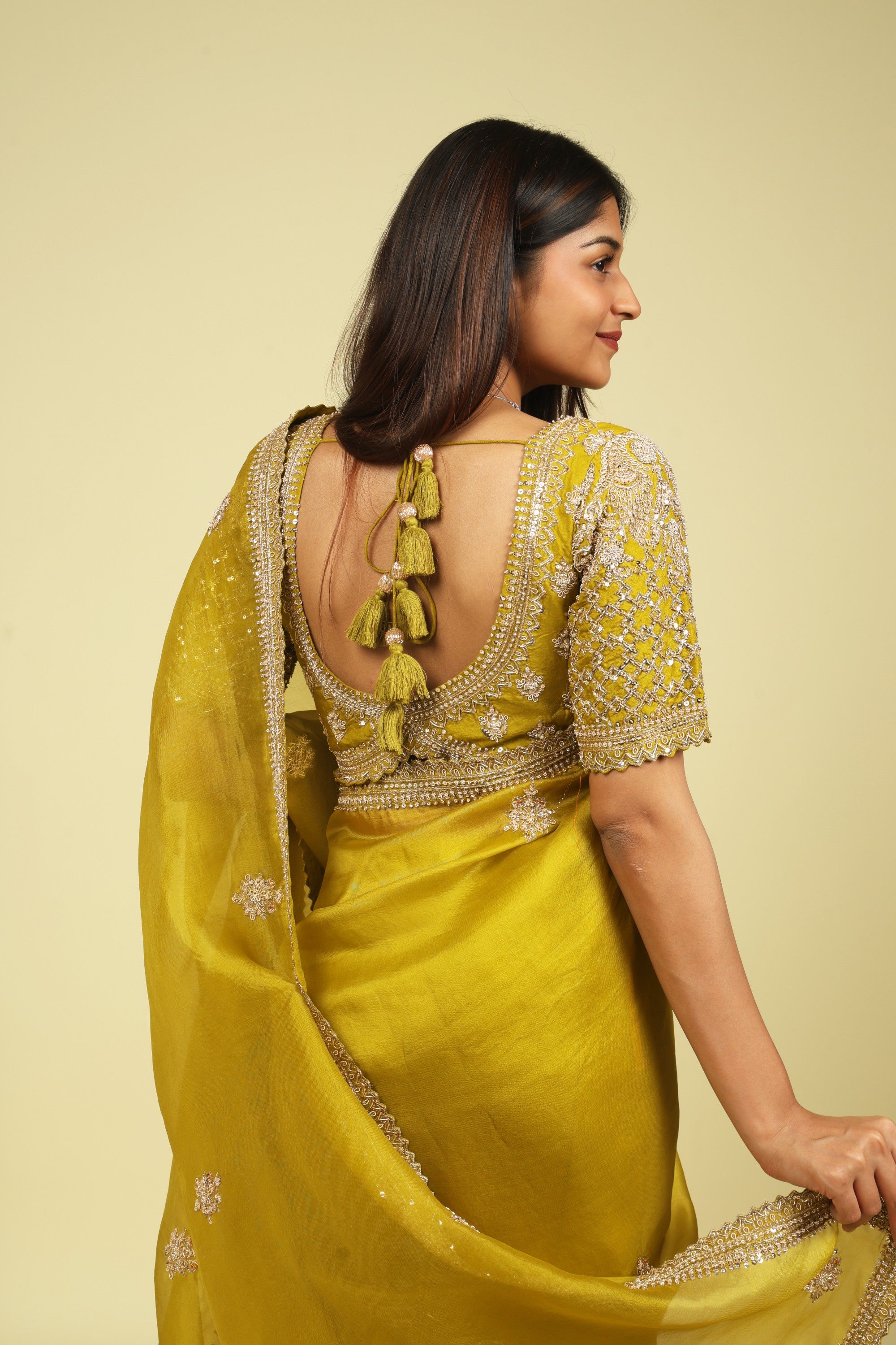 Lime Green Organza Saree with Zardoosi, Sequin Buttas & Embroidered Border