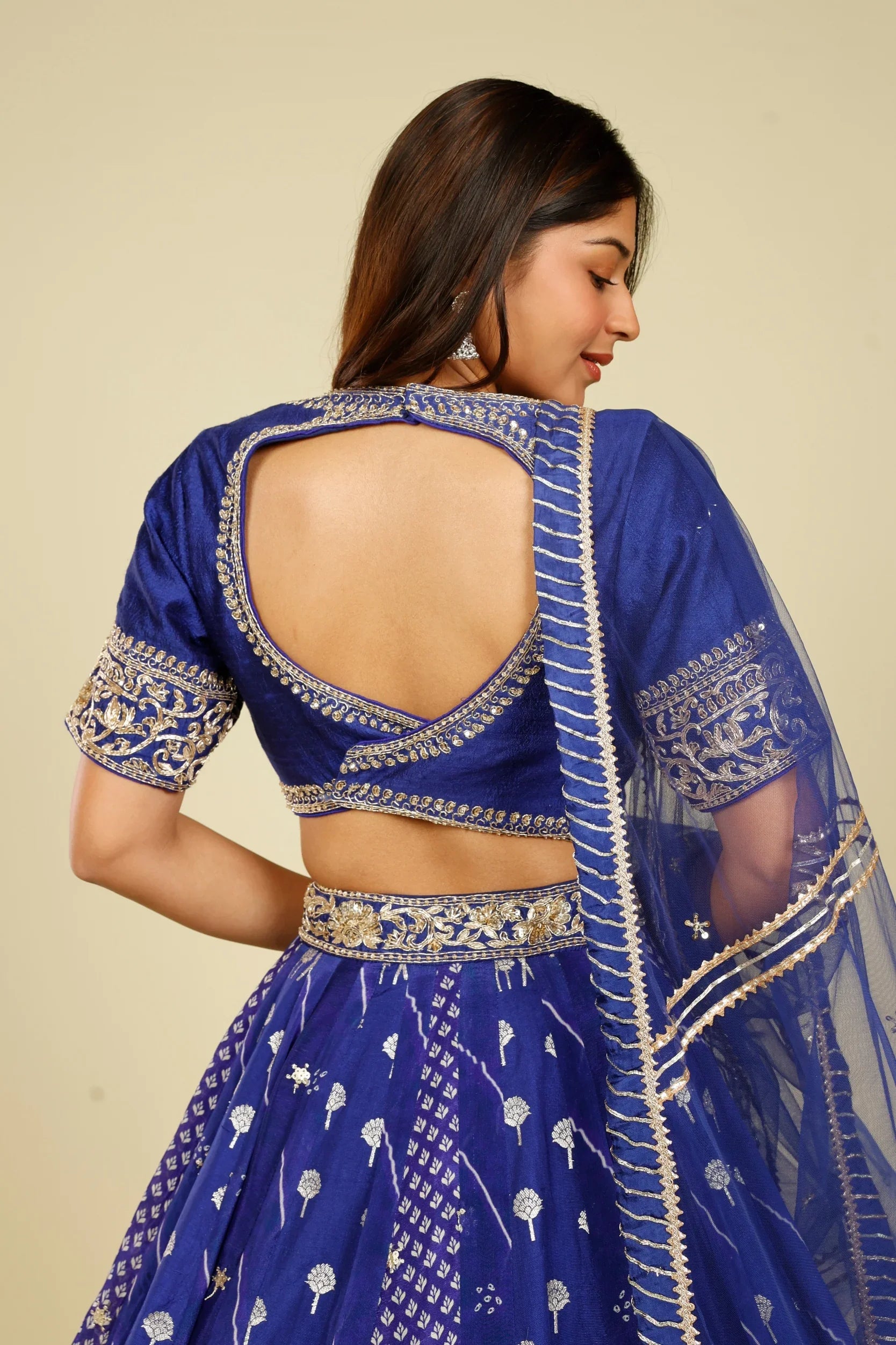 Royal Blue Printed Crepe Silk Lehenga Set with Zardozi & Gota Embroidery | Mokshaa