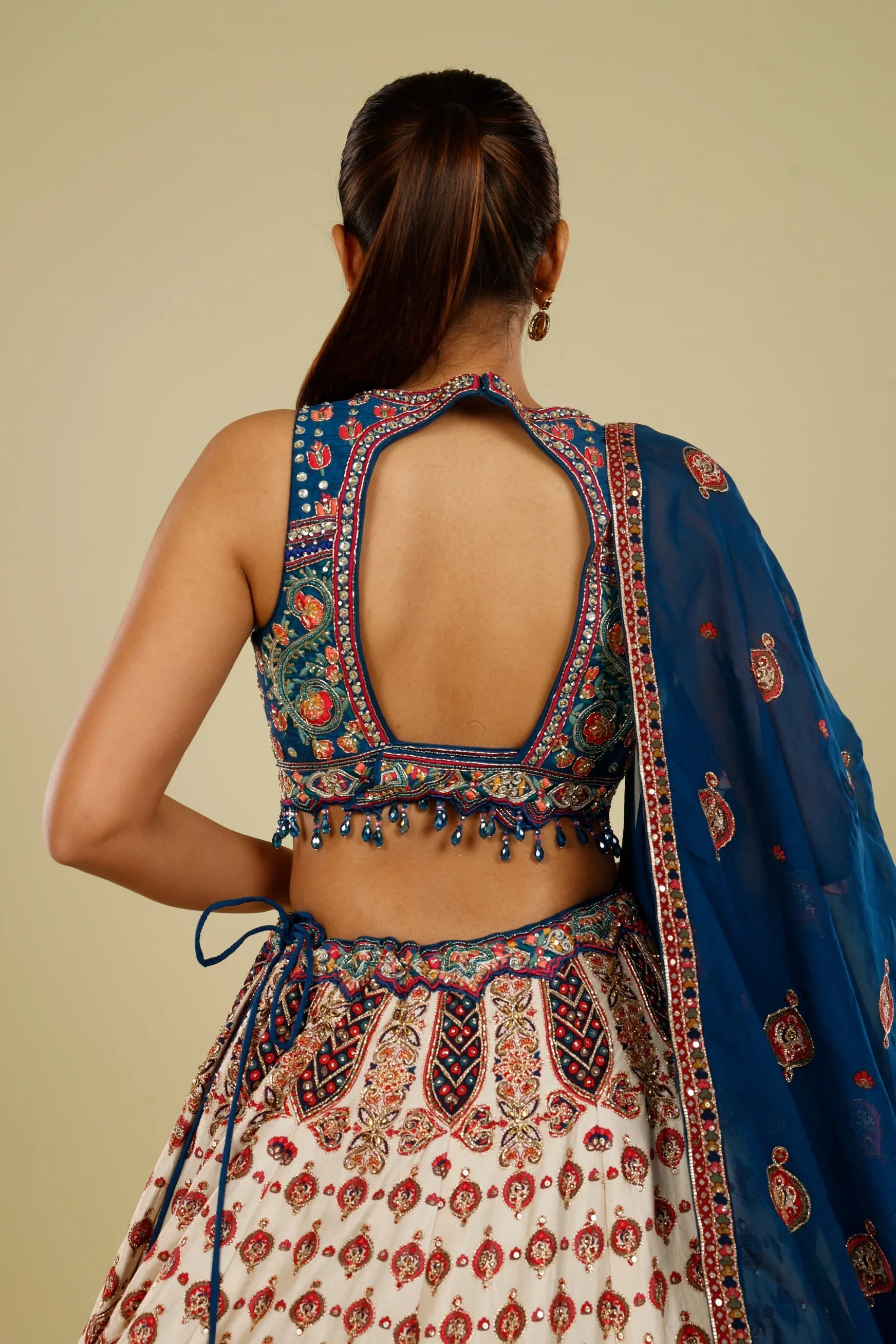 Blue Multicolour Printed Silk Lehenga Set with Zari, Sequin & Cutdana Highlights | Mokshaa