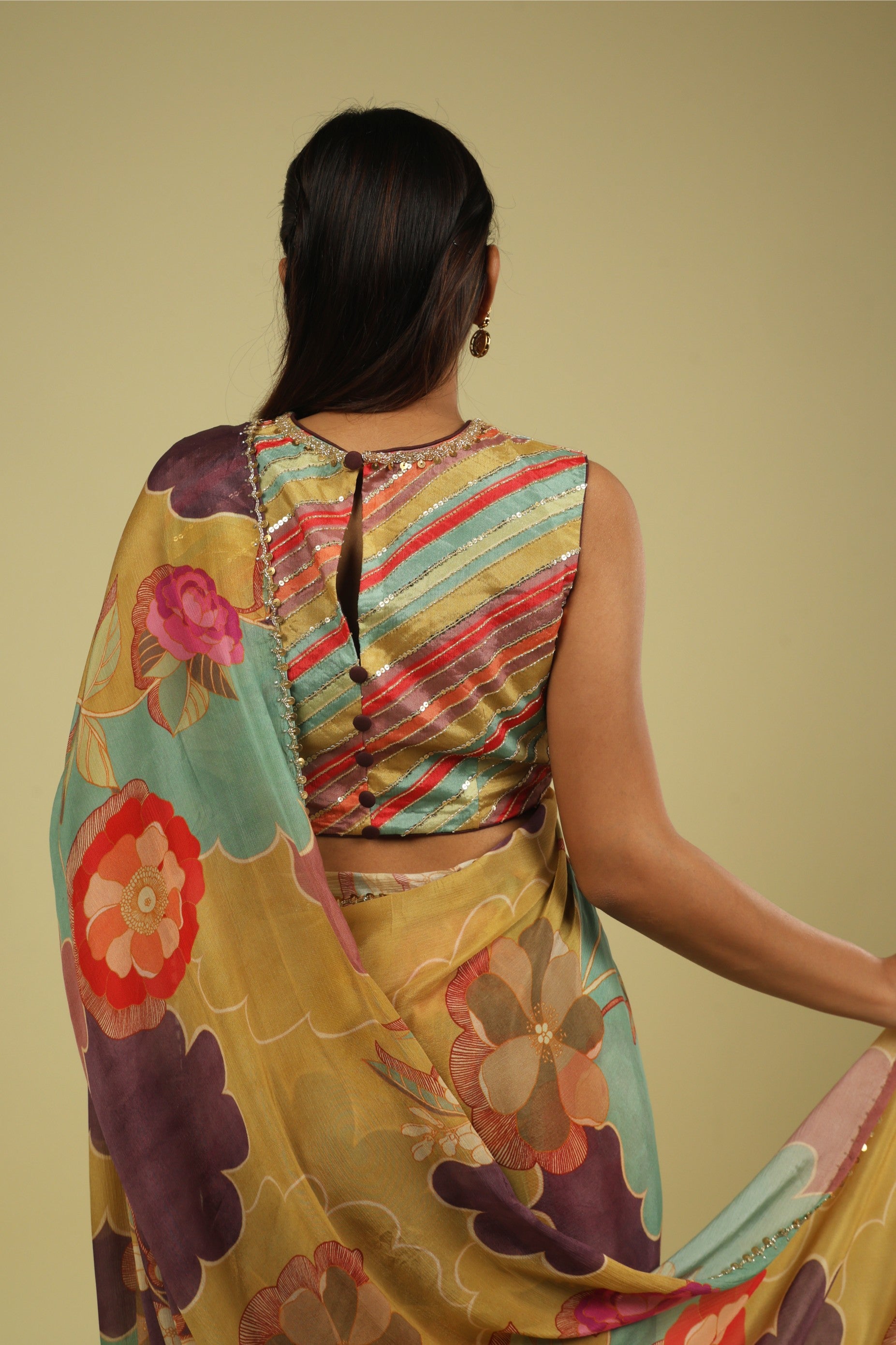 Multicolour Silky Georgette Saree with Digital Print & Bead-Sequin Border