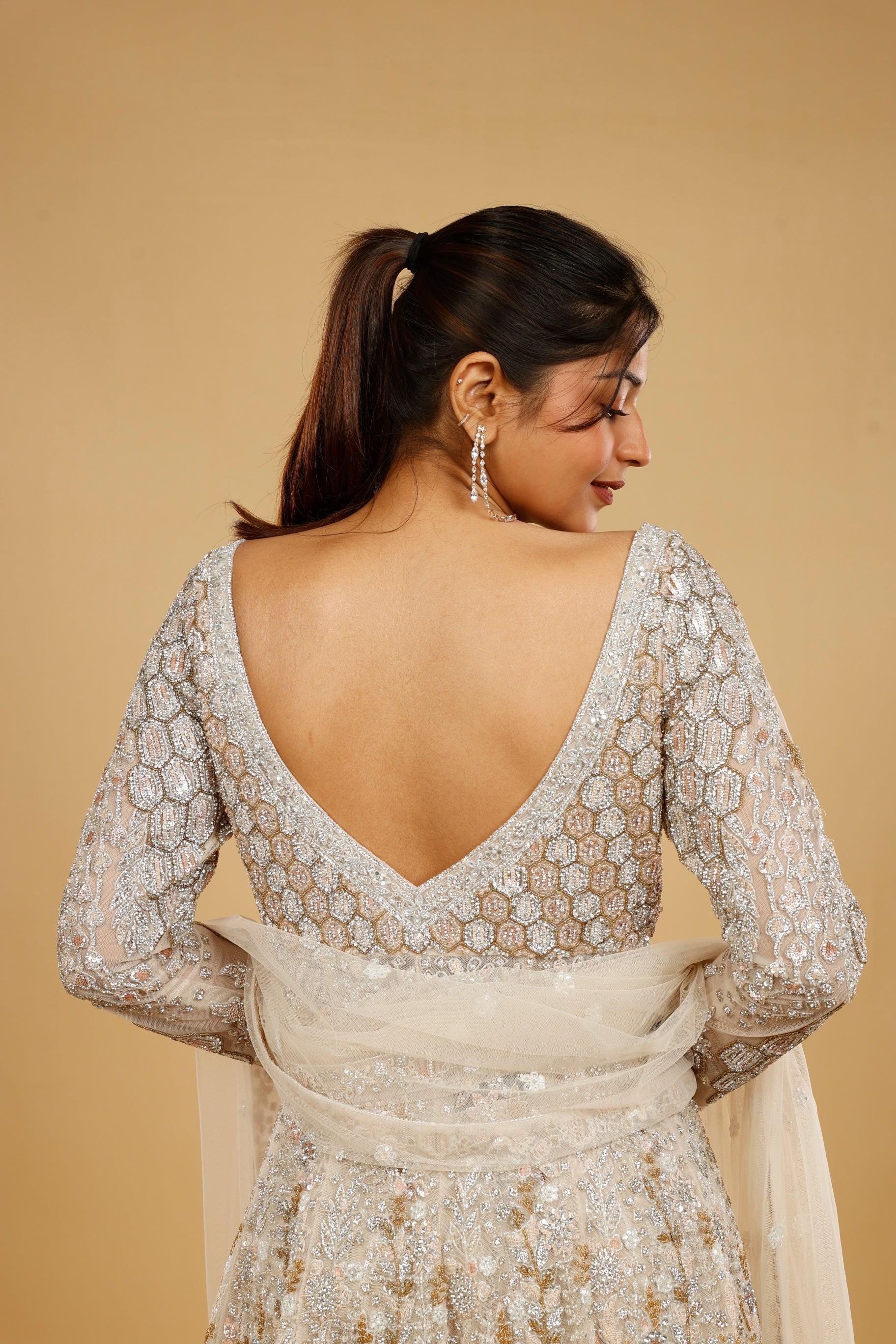 Ivory Net Sharara Set with Stone, Kundan & Sequin Embroidery