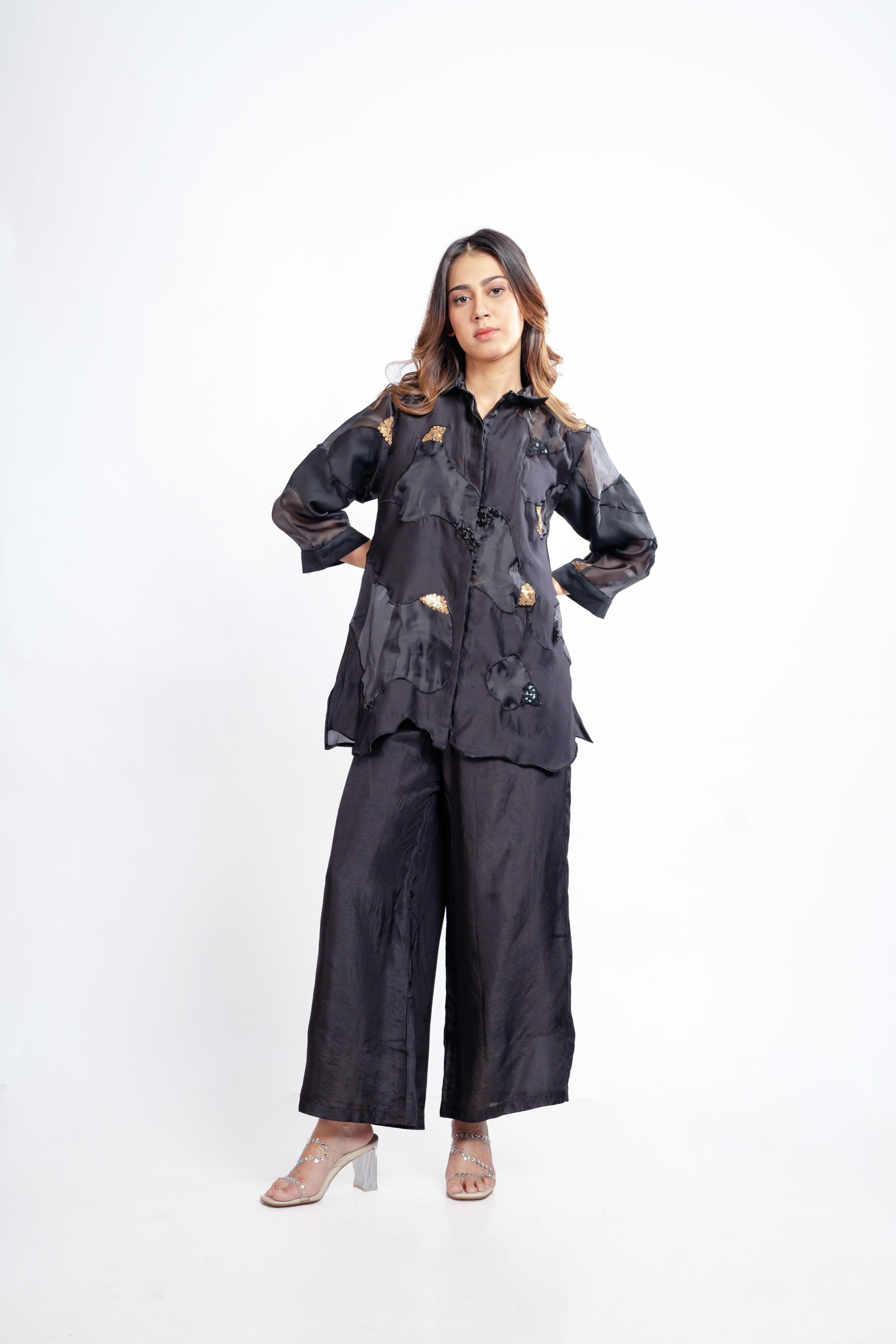 Black Organza Sequin Embellished Cord Set