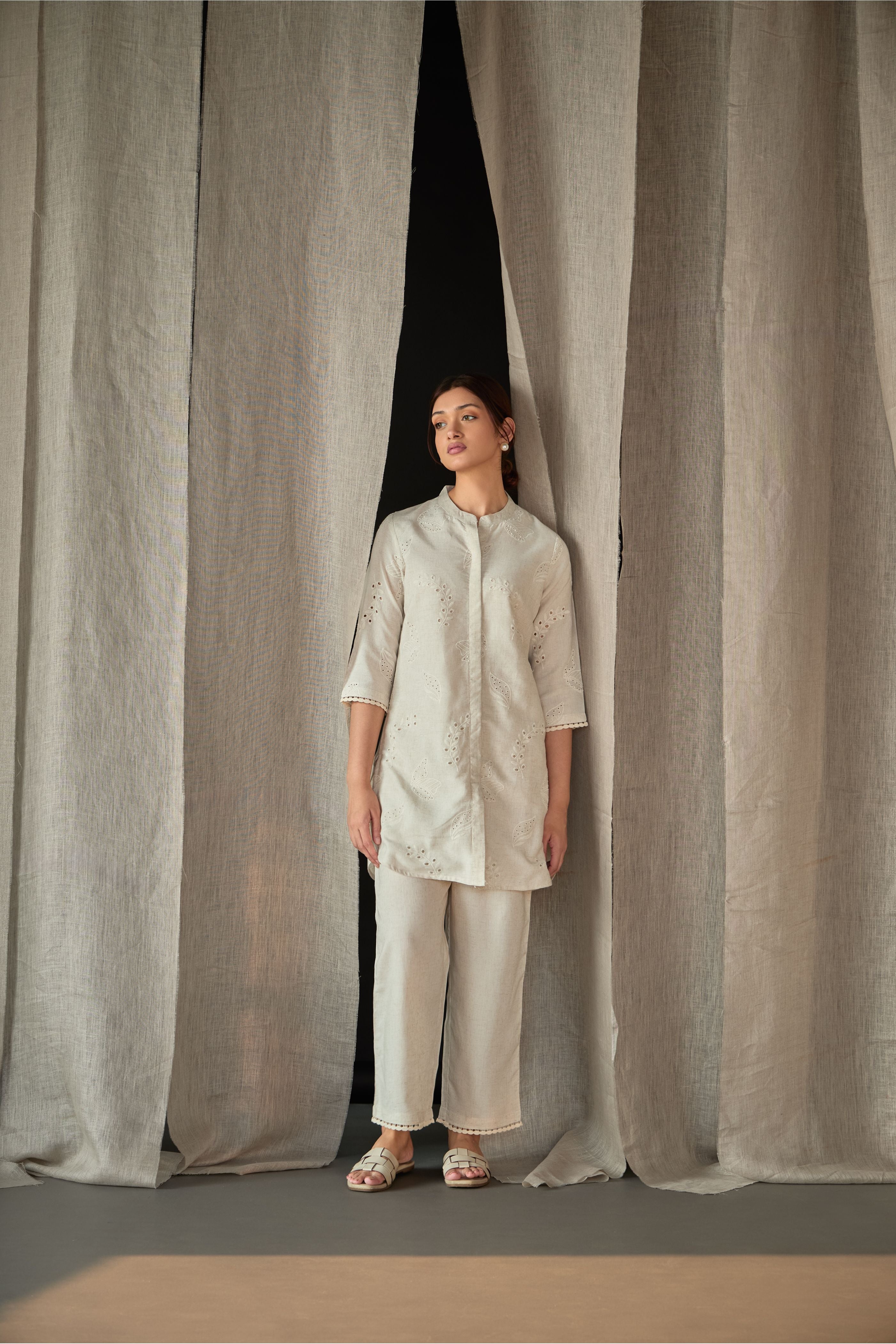 Natural Linen Schiffli Cutwork Co-ord Set - Mokshaa