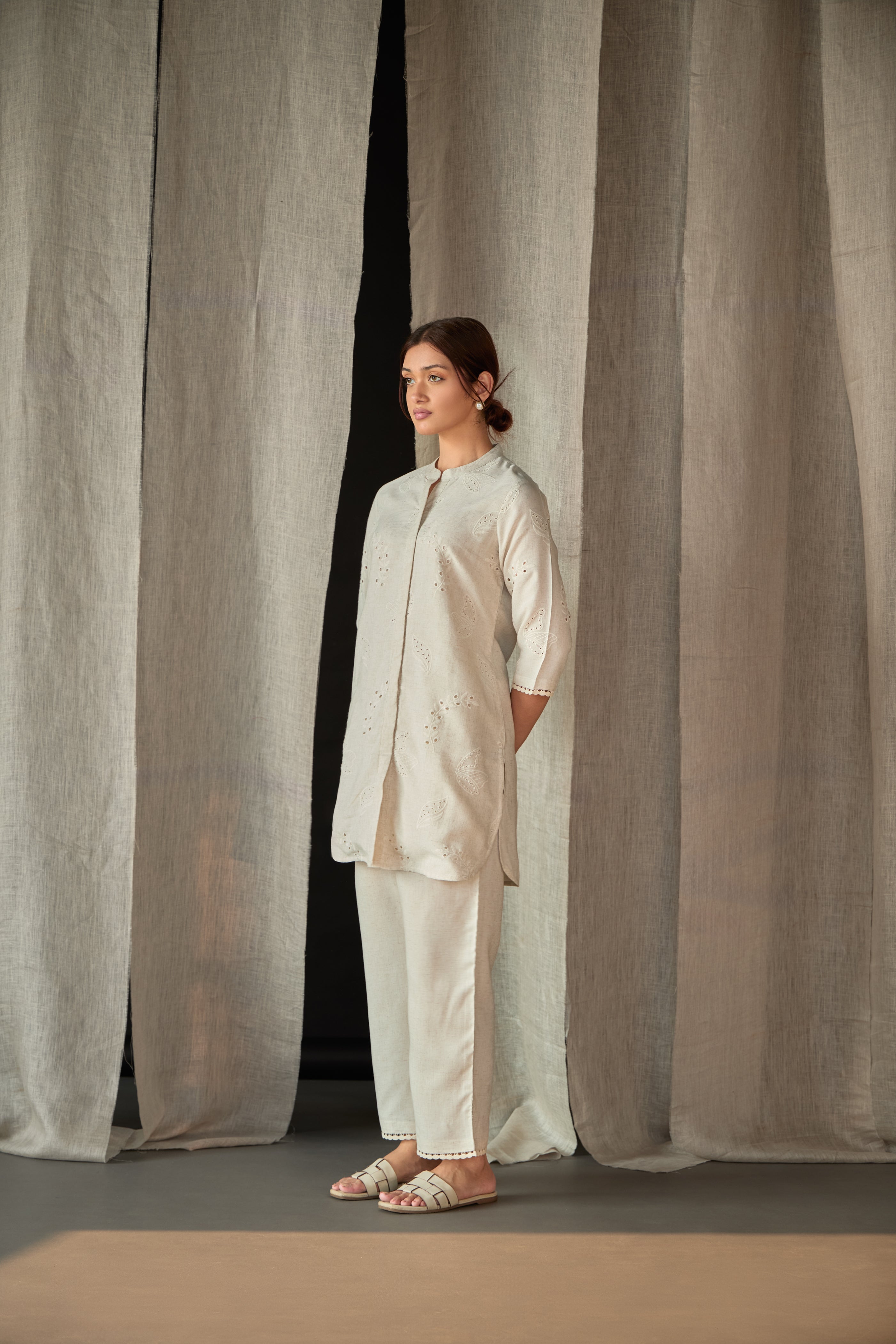 Natural Linen Schiffli Cutwork Co-ord Set