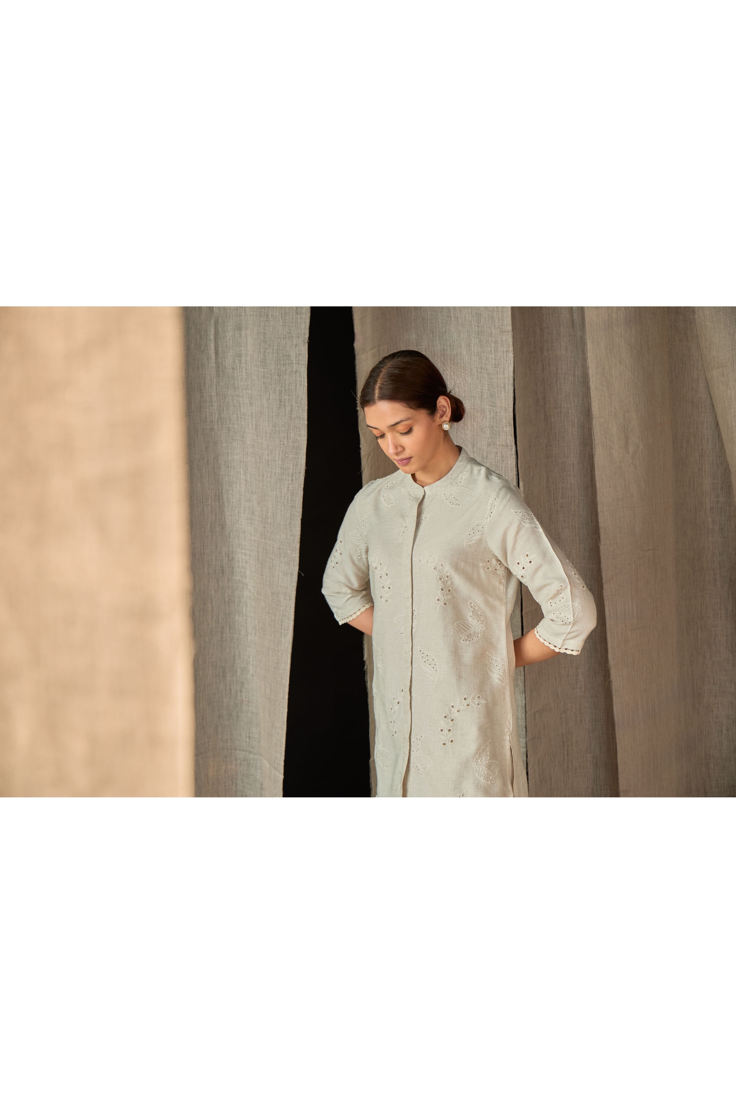 Natural Linen Schiffli Cutwork Co-ord Set - Mokshaa
