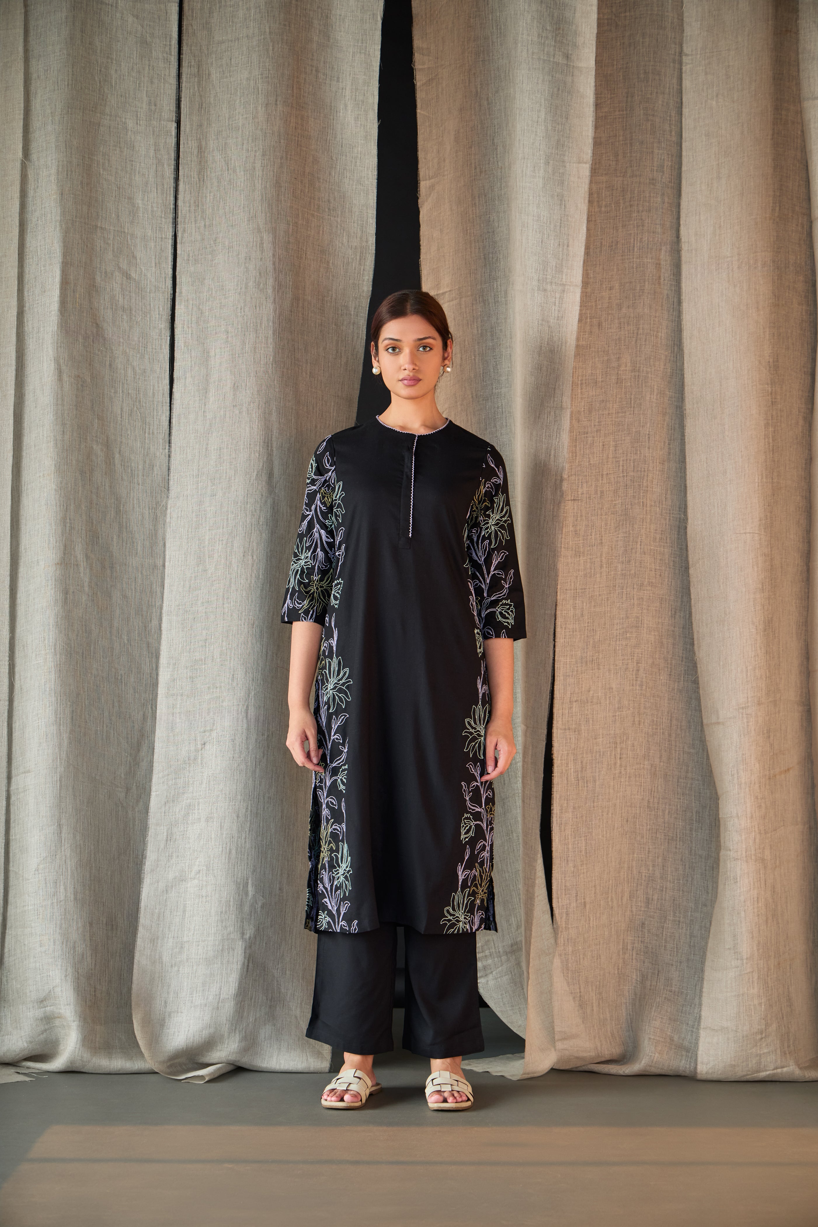 Black Embroidered Tencel Kurta Set - Mokshaa
