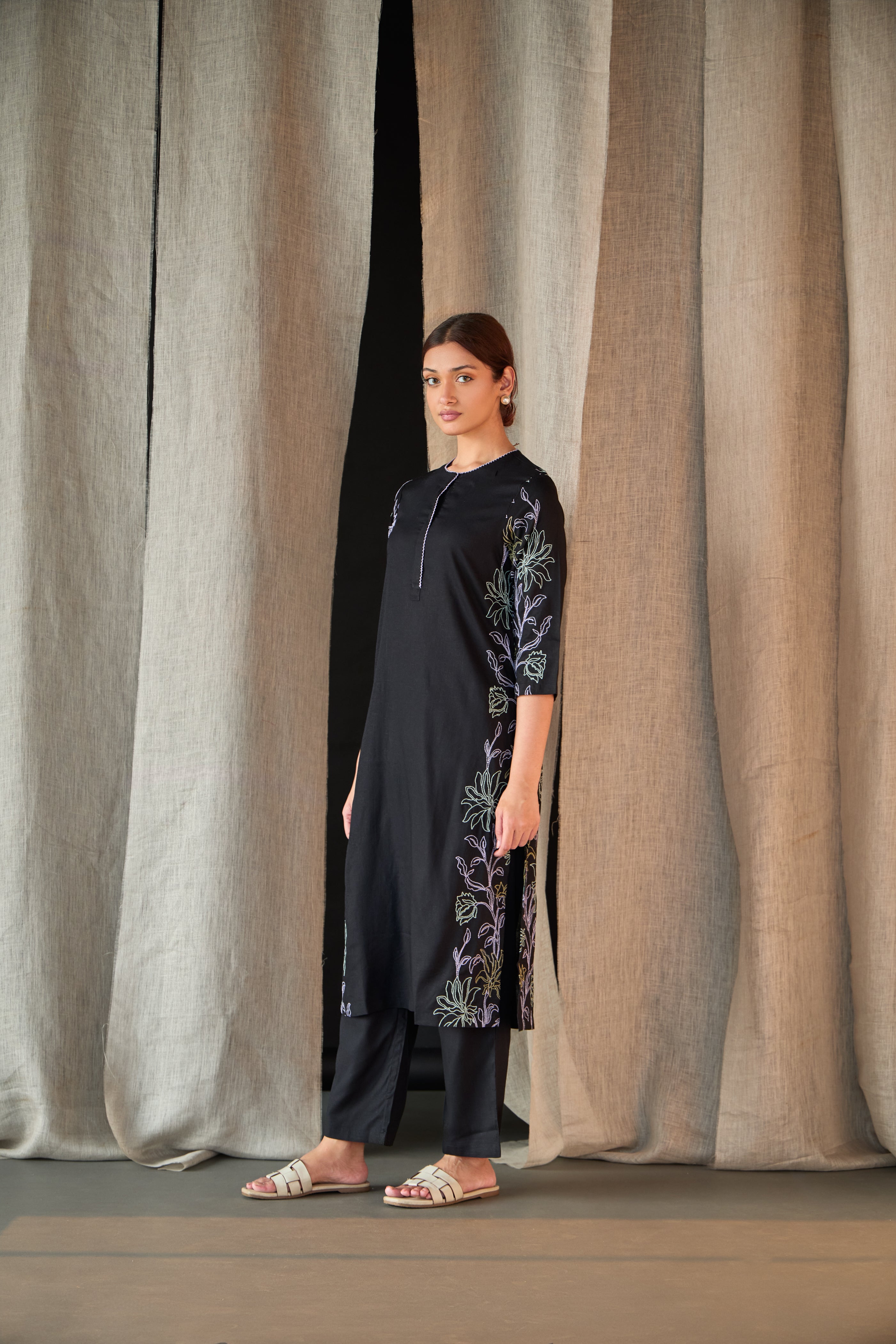 Black Embroidered Tencel Kurta Set - Mokshaa