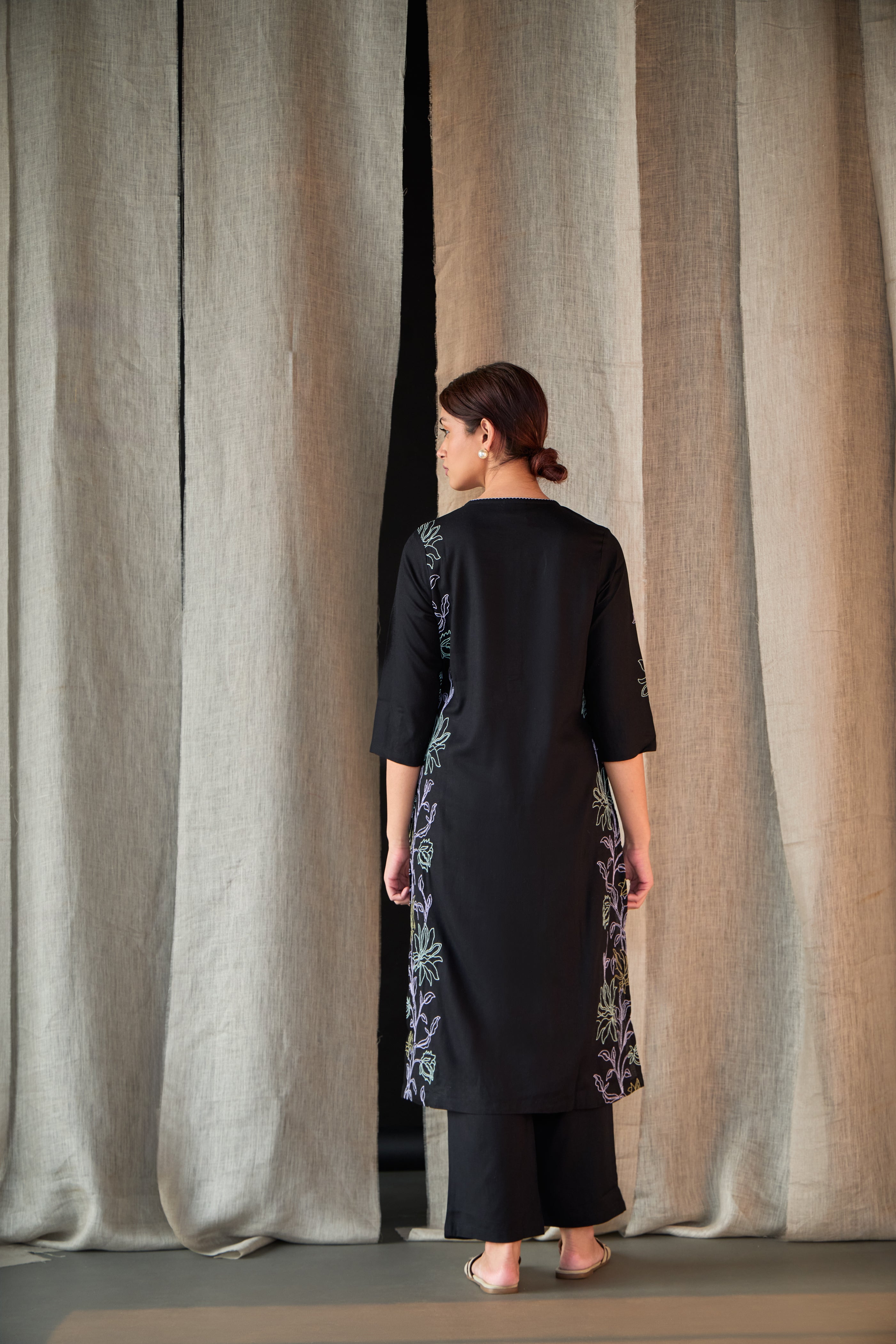 Black Embroidered Tencel Kurta Set - Mokshaa