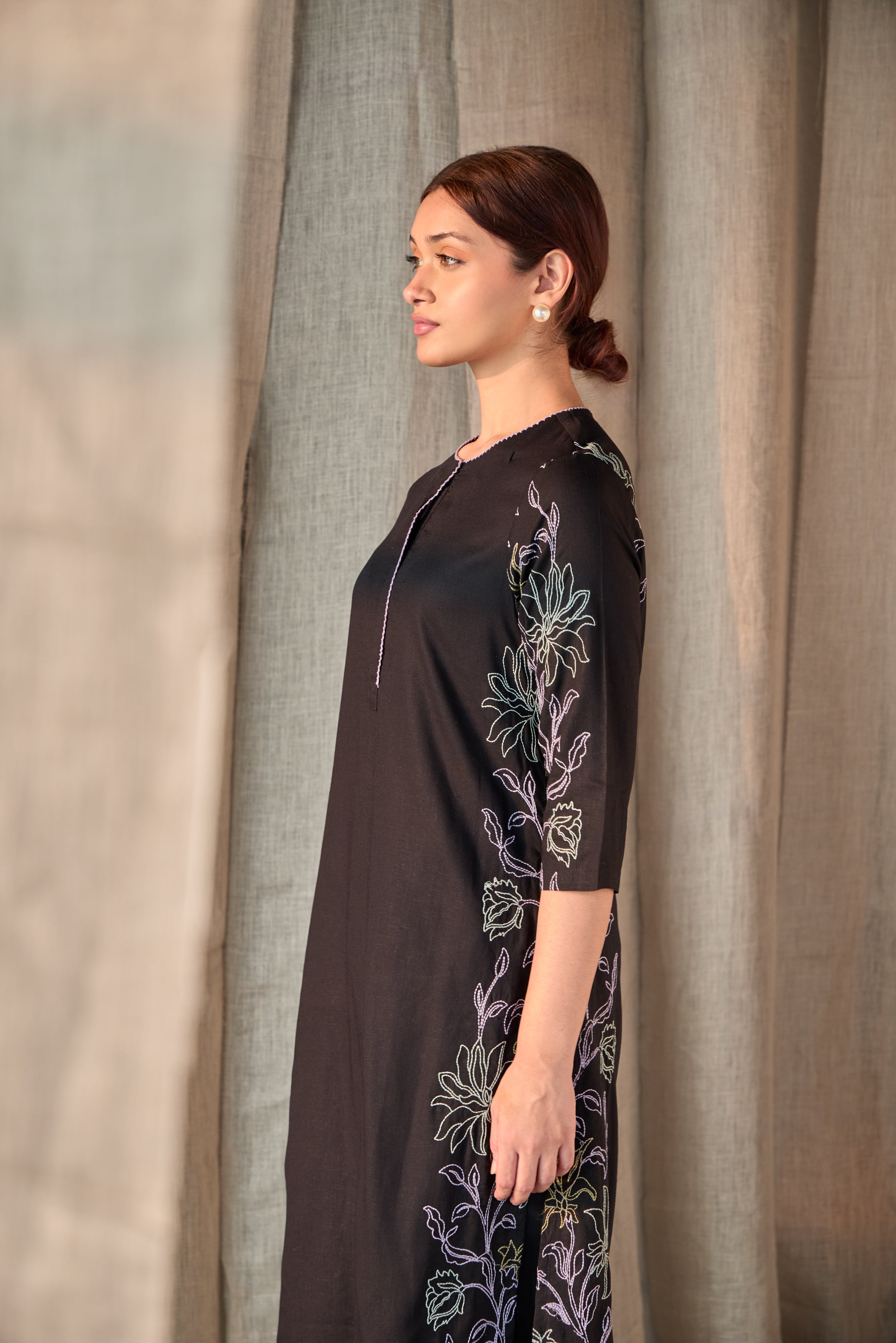 Black Embroidered Tencel Kurta Set - Mokshaa