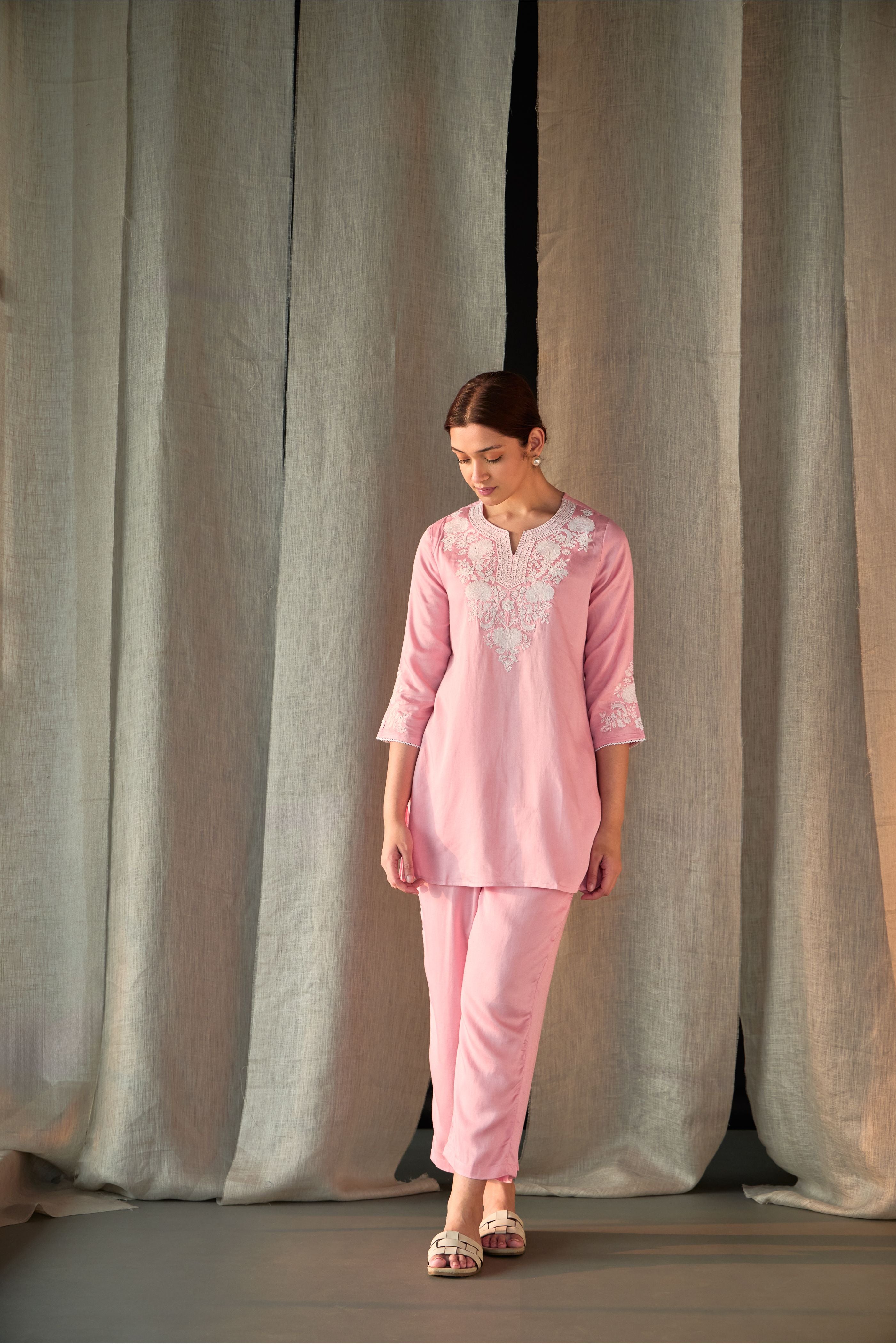 Pink Yoke Embroidered Ecovero Co-ord Set - Mokshaa