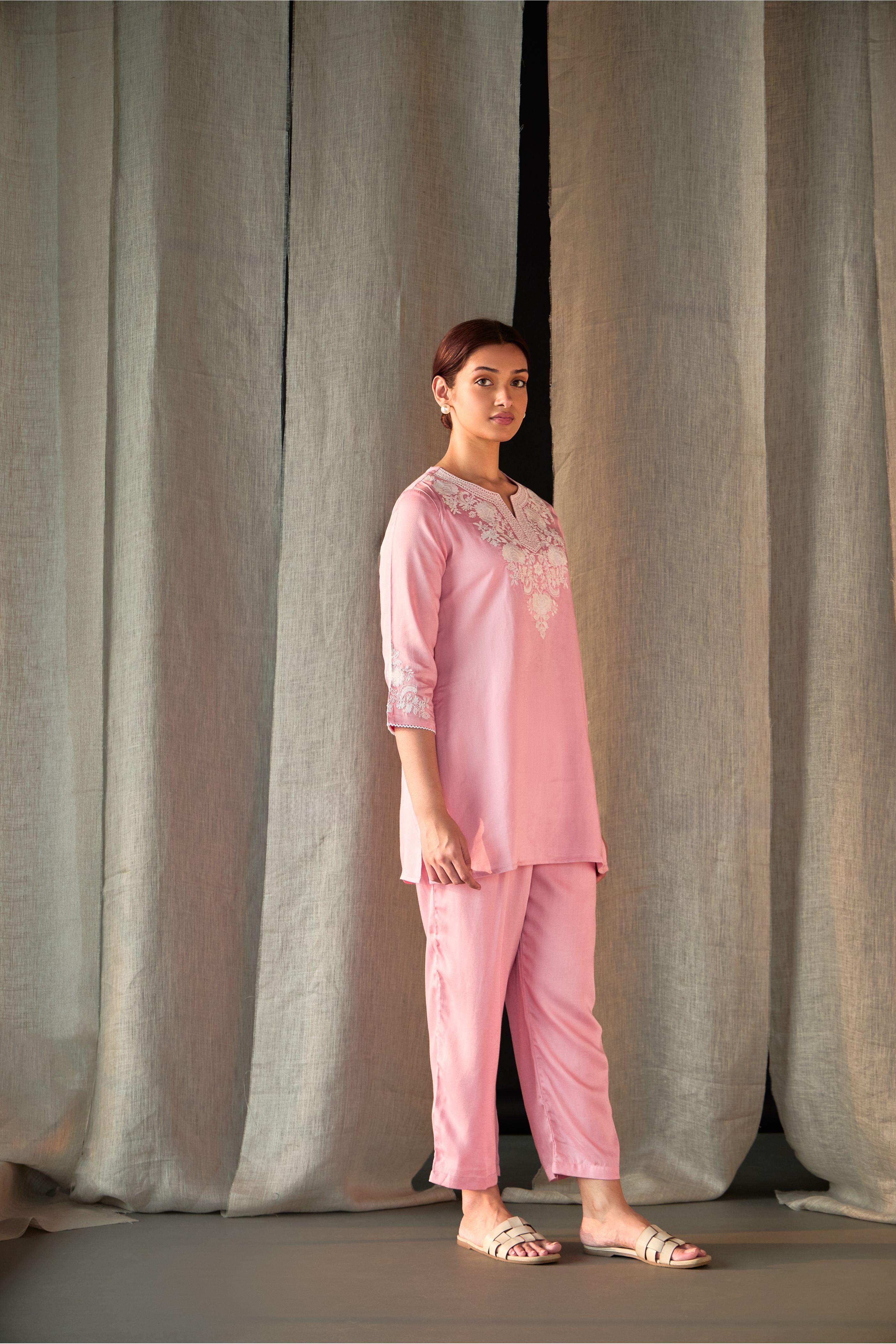 Pink Yoke Embroidered Ecovero Co-ord Set - Mokshaa