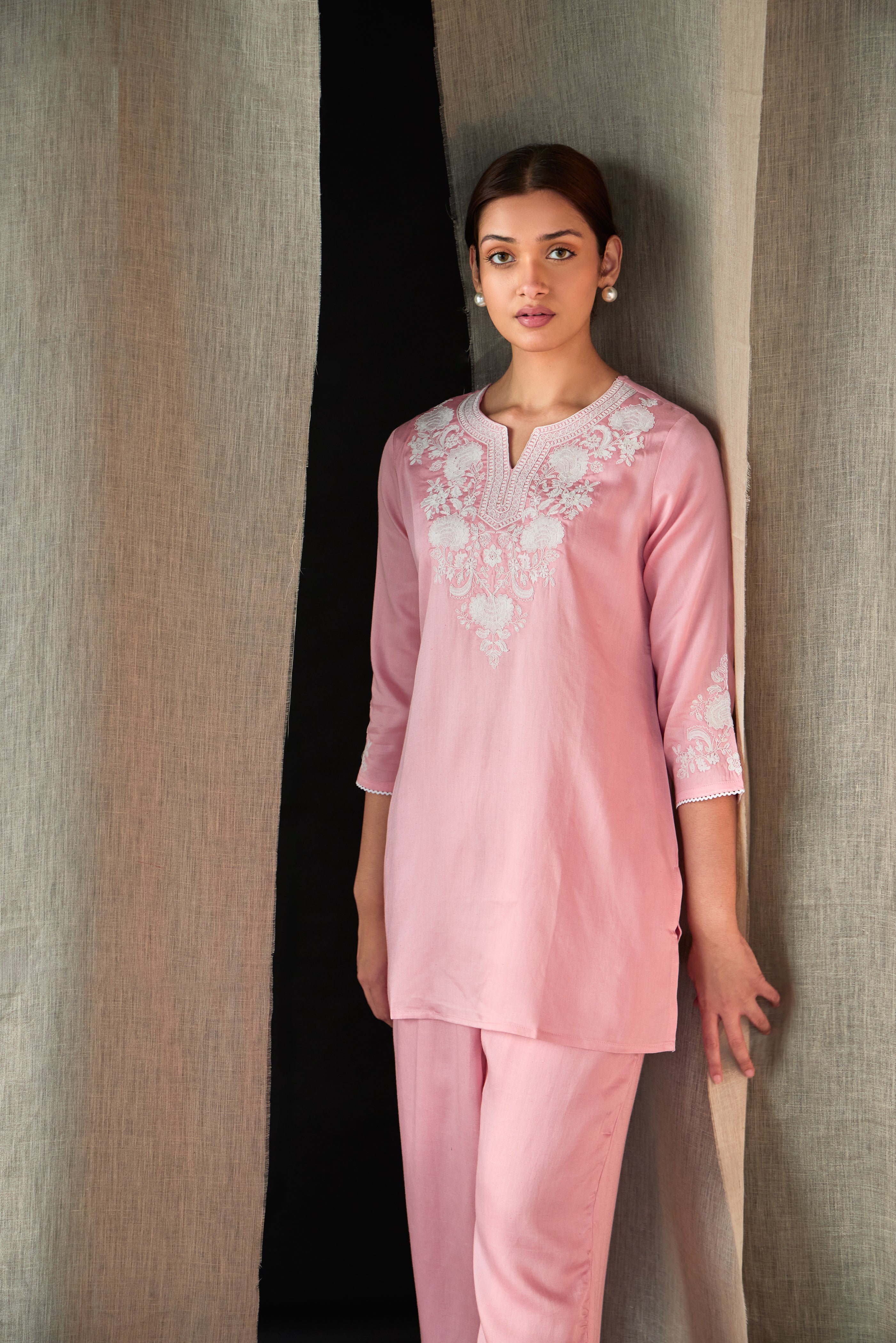 Pink Yoke Embroidered Ecovero Co-ord Set