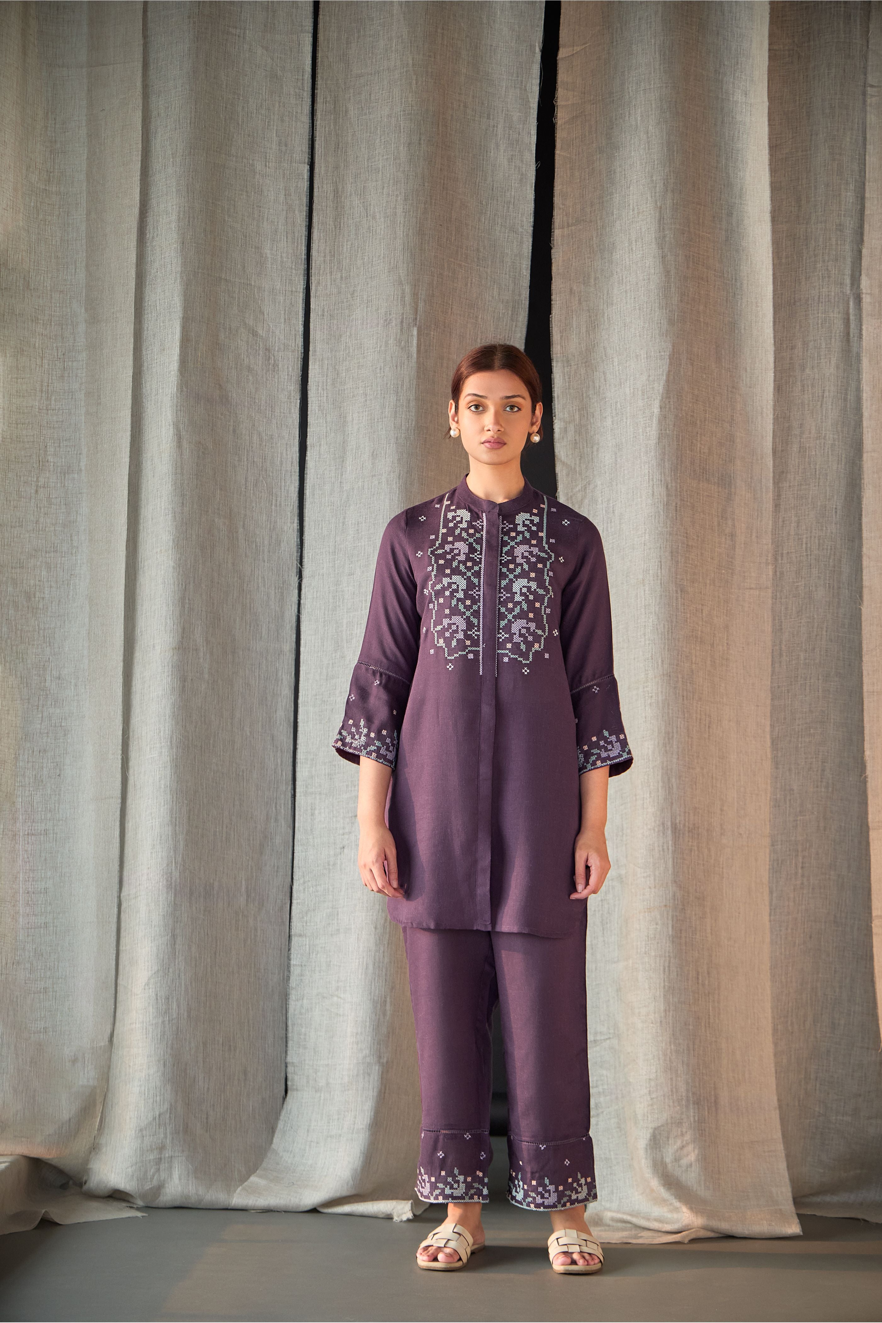 Grape Linen Cross-Stitch Co-ord Set - Mokshaa