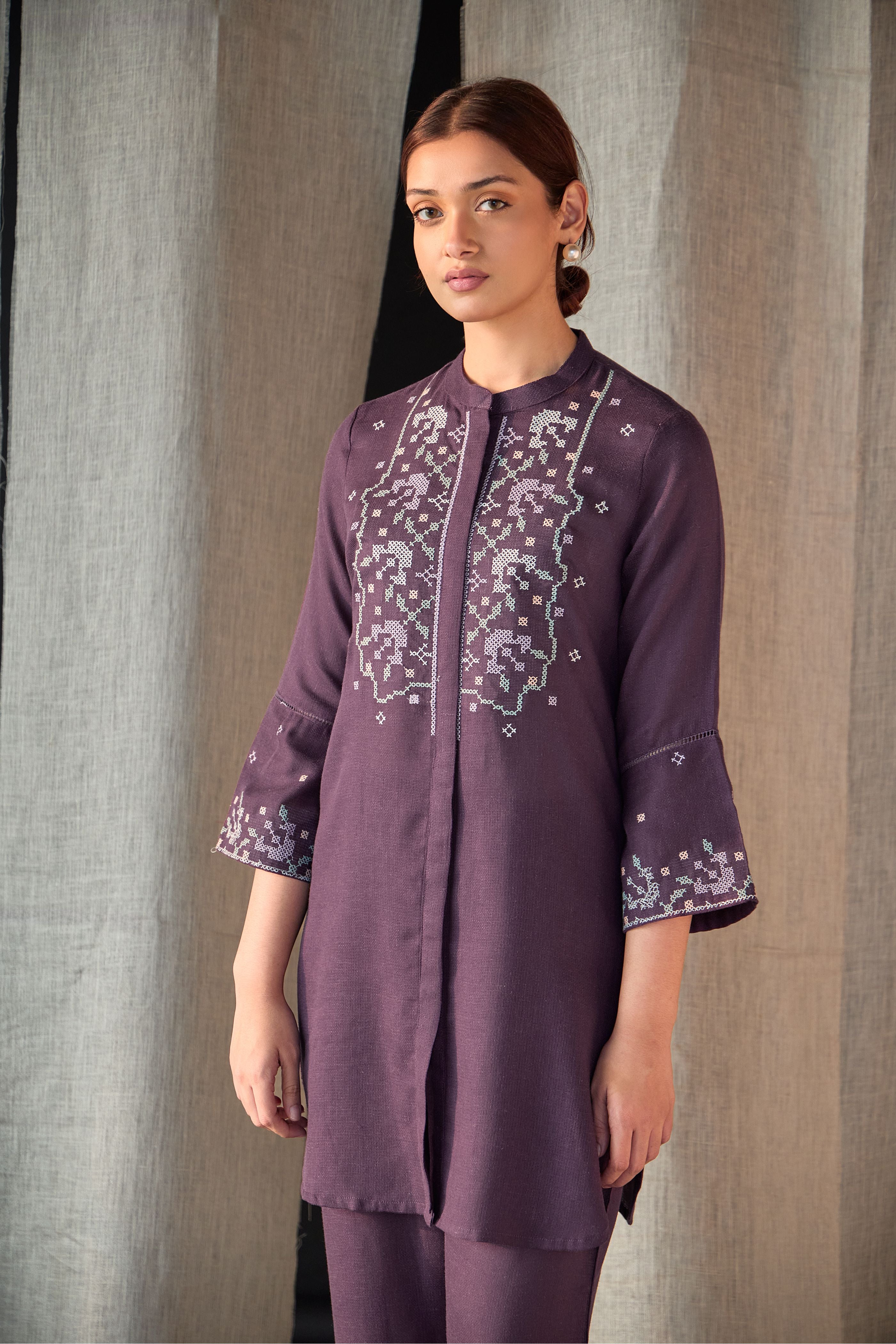 Grape Linen Cross-Stitch Co-ord Set - Mokshaa
