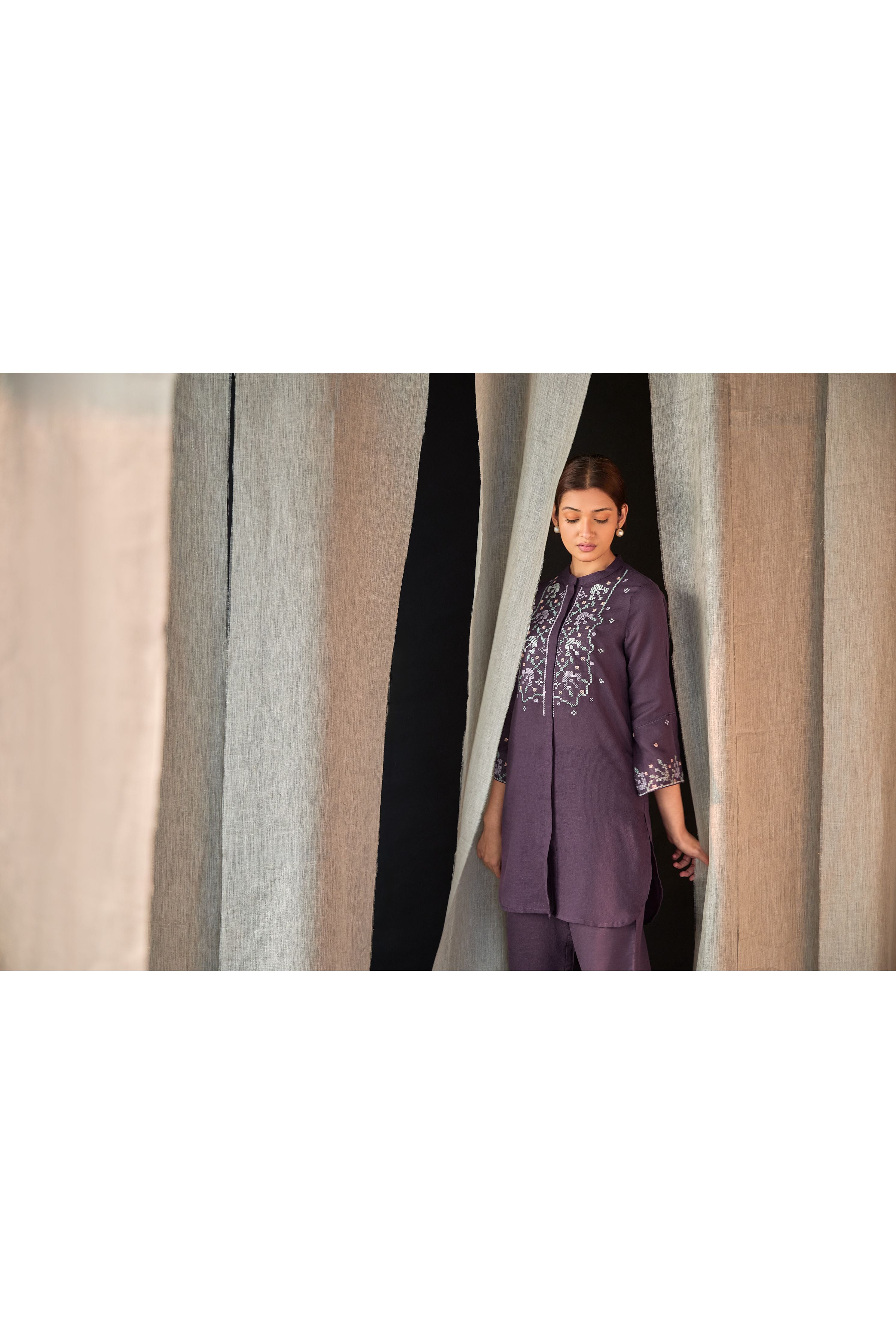 Grape Linen Cross-Stitch Co-ord Set - Mokshaa