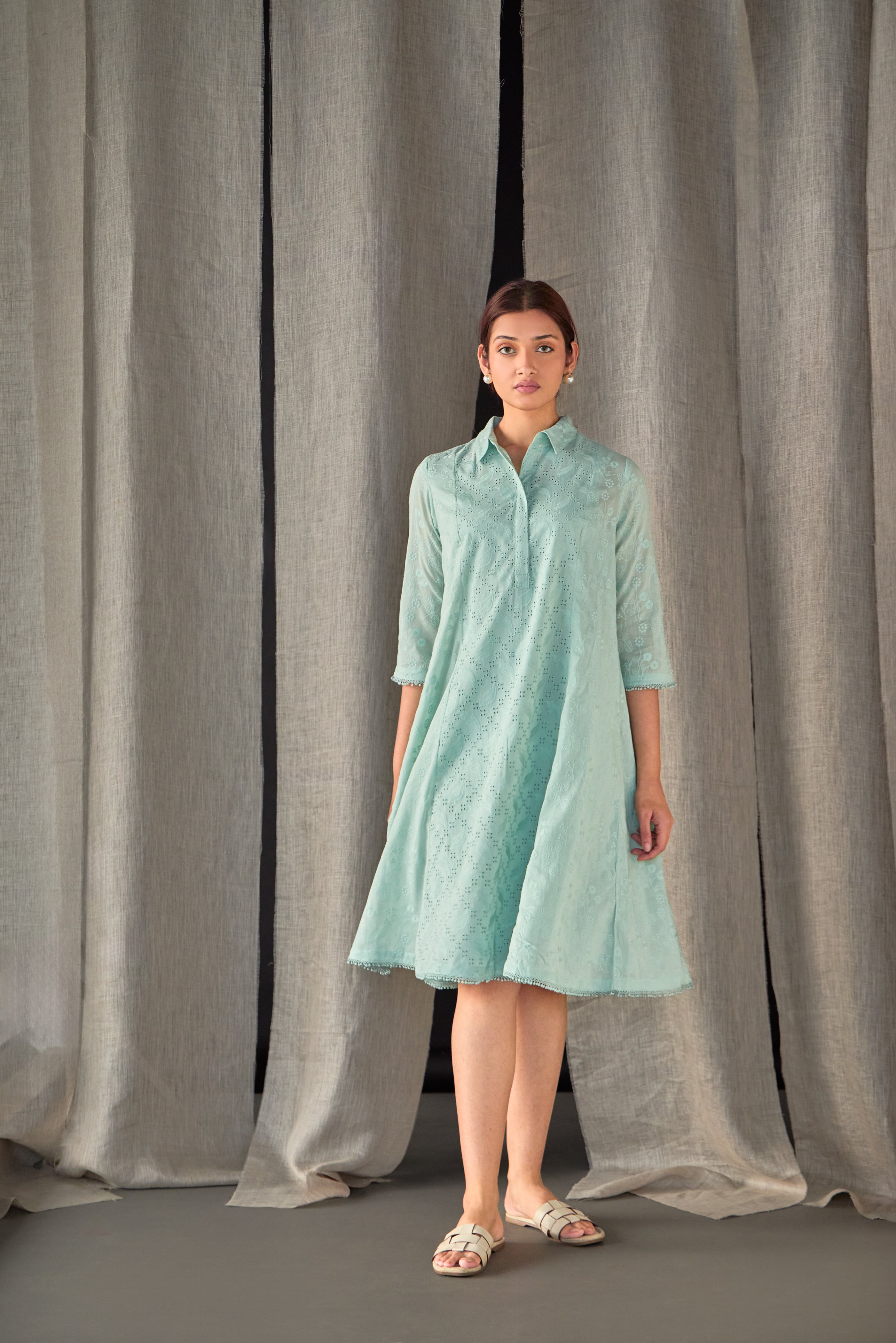 Aqua Pure Cotton Schiffli Cutwork Dress