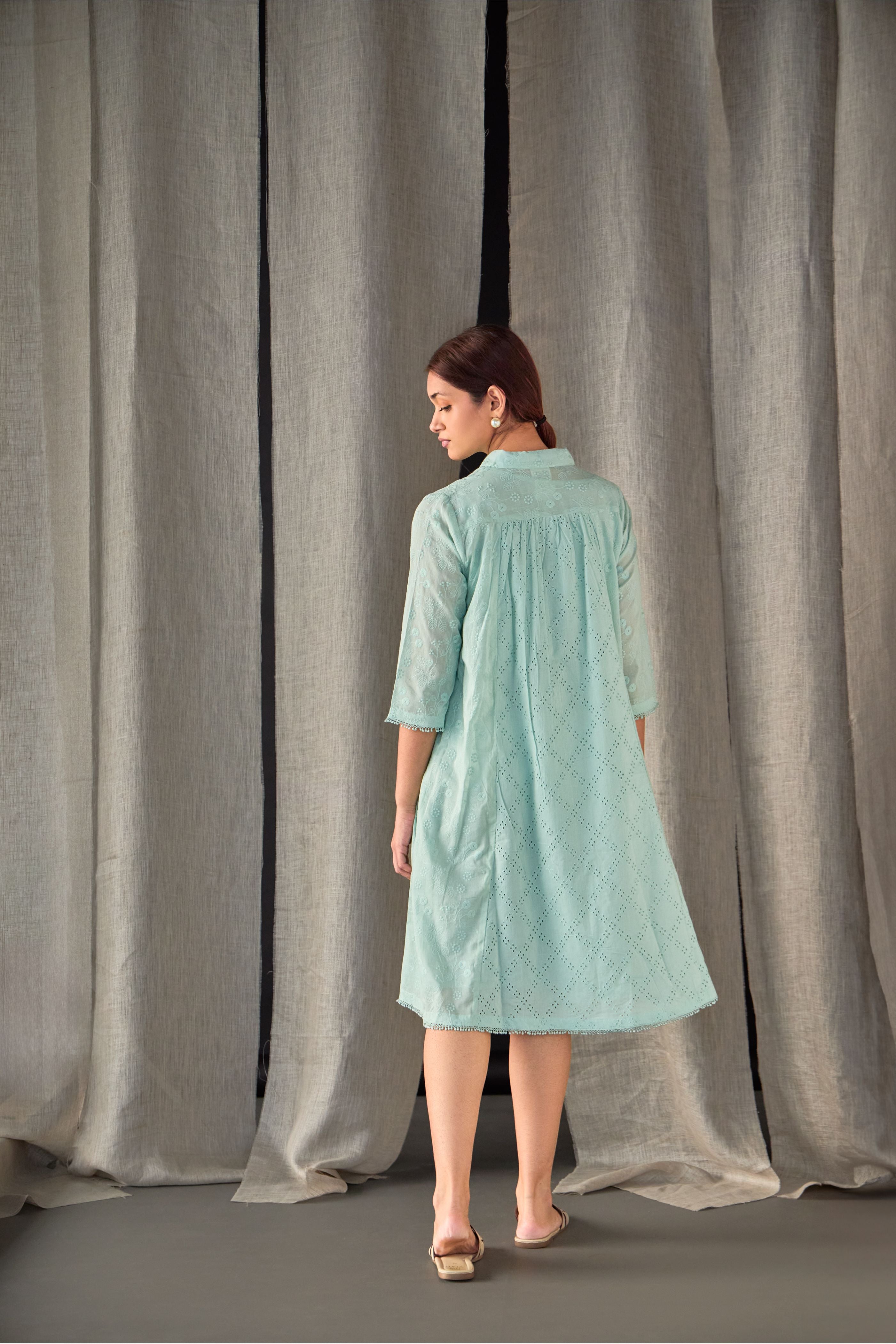 Aqua Pure Cotton Schiffli Cutwork Dress - Mokshaa